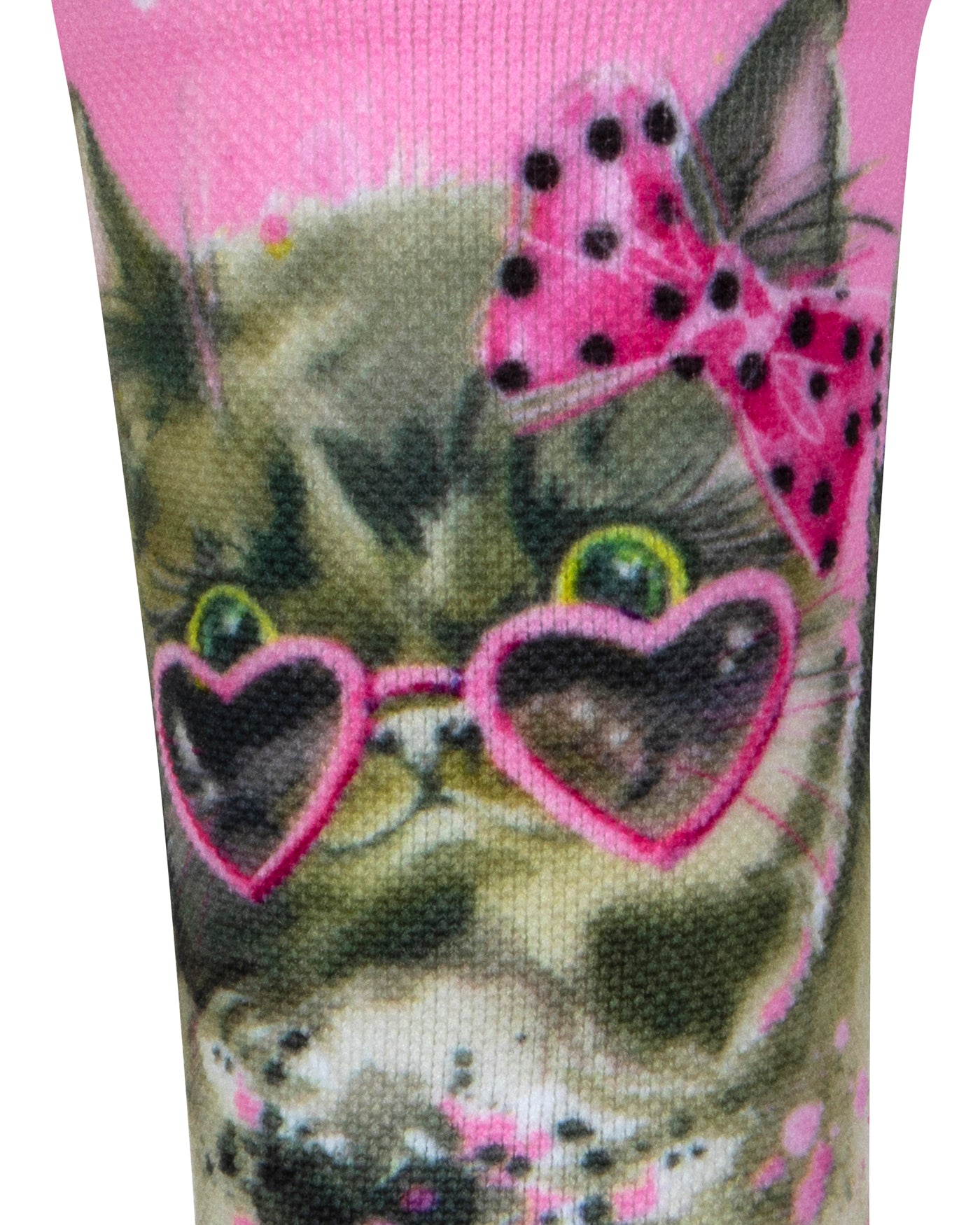 Textured view of a pink seamless toe sock with white dots and glamour cat print design.