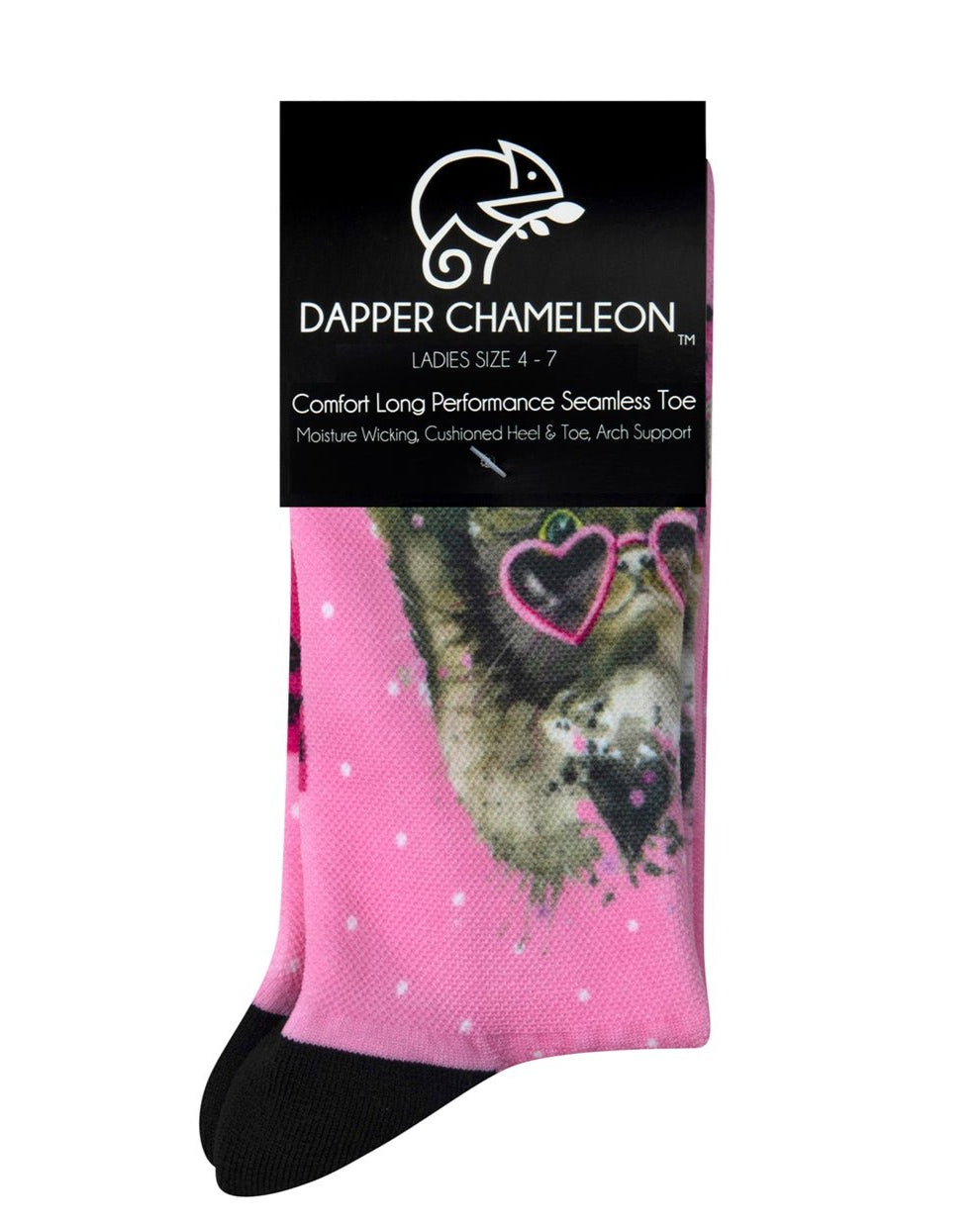 Header card packaging of a pink seamless toe sock with white dots and glamour cat print design and black heel and toe.