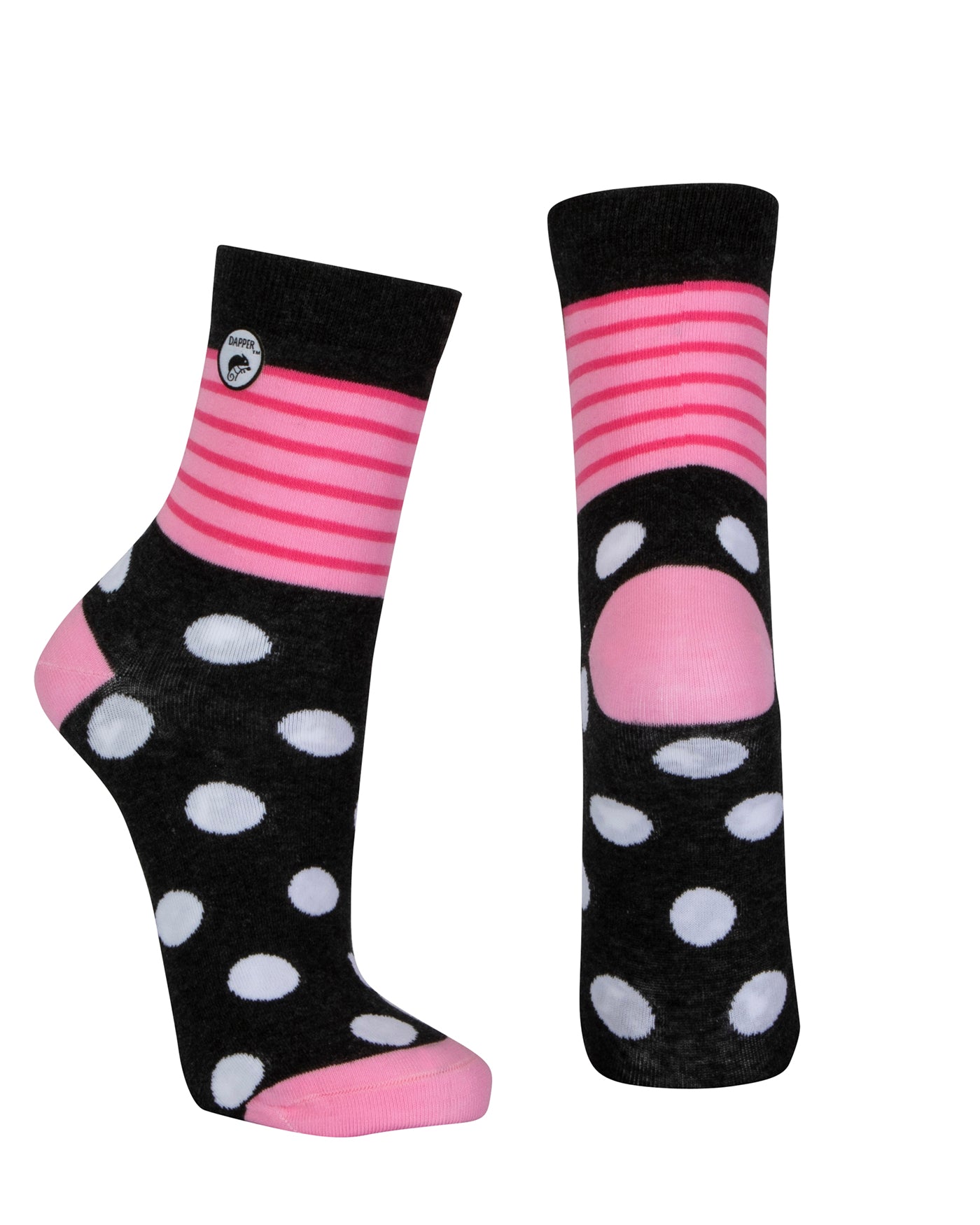 Combed cotton dark grey seamless toe anklet with cerise pink and baby pink stripes and white dots with a baby pink heel and toe.