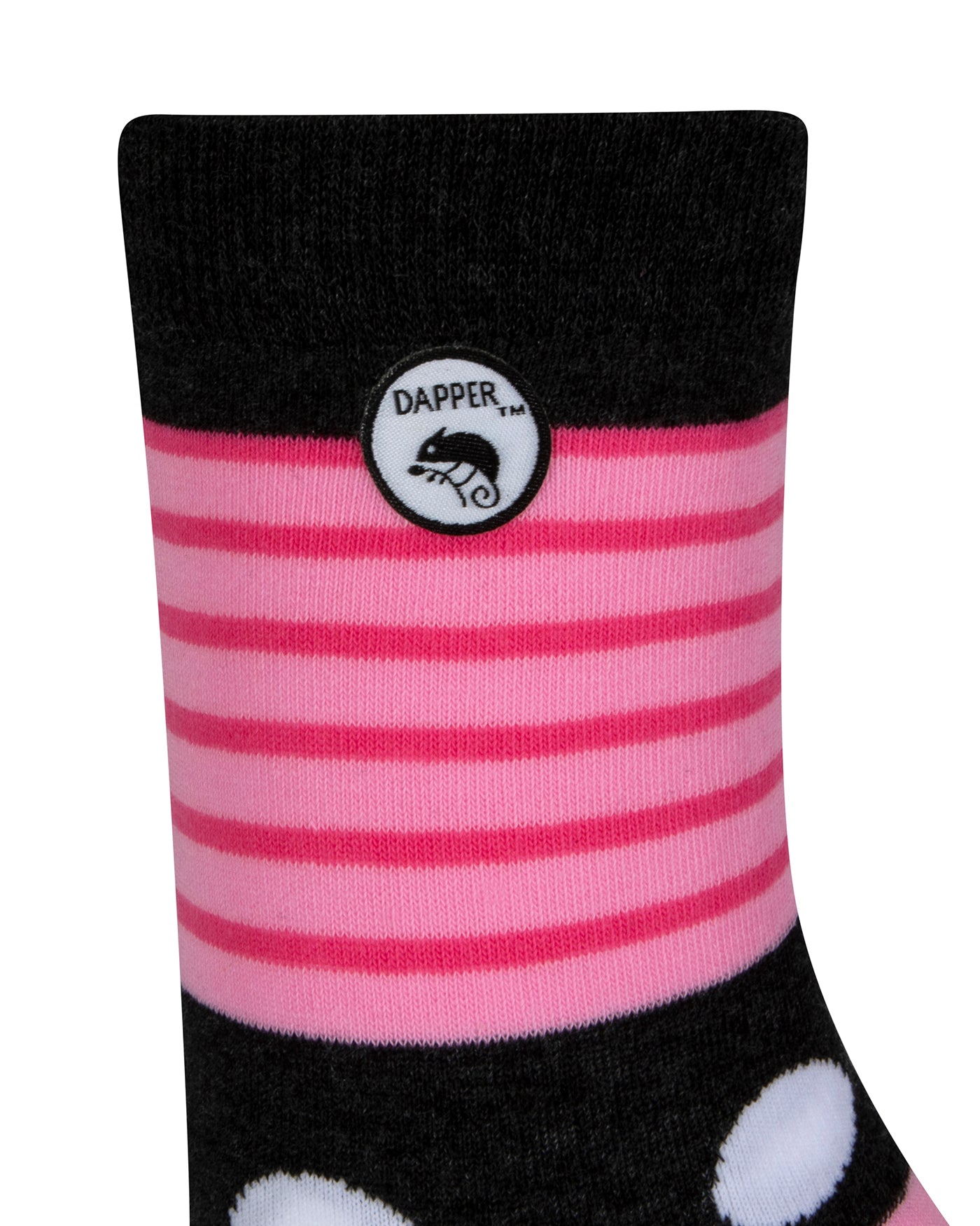 Side view of a combed cotton dark grey seamless toe anklet with cerise pink and baby pink stripes and white dots with Dapper Chameleon logo.