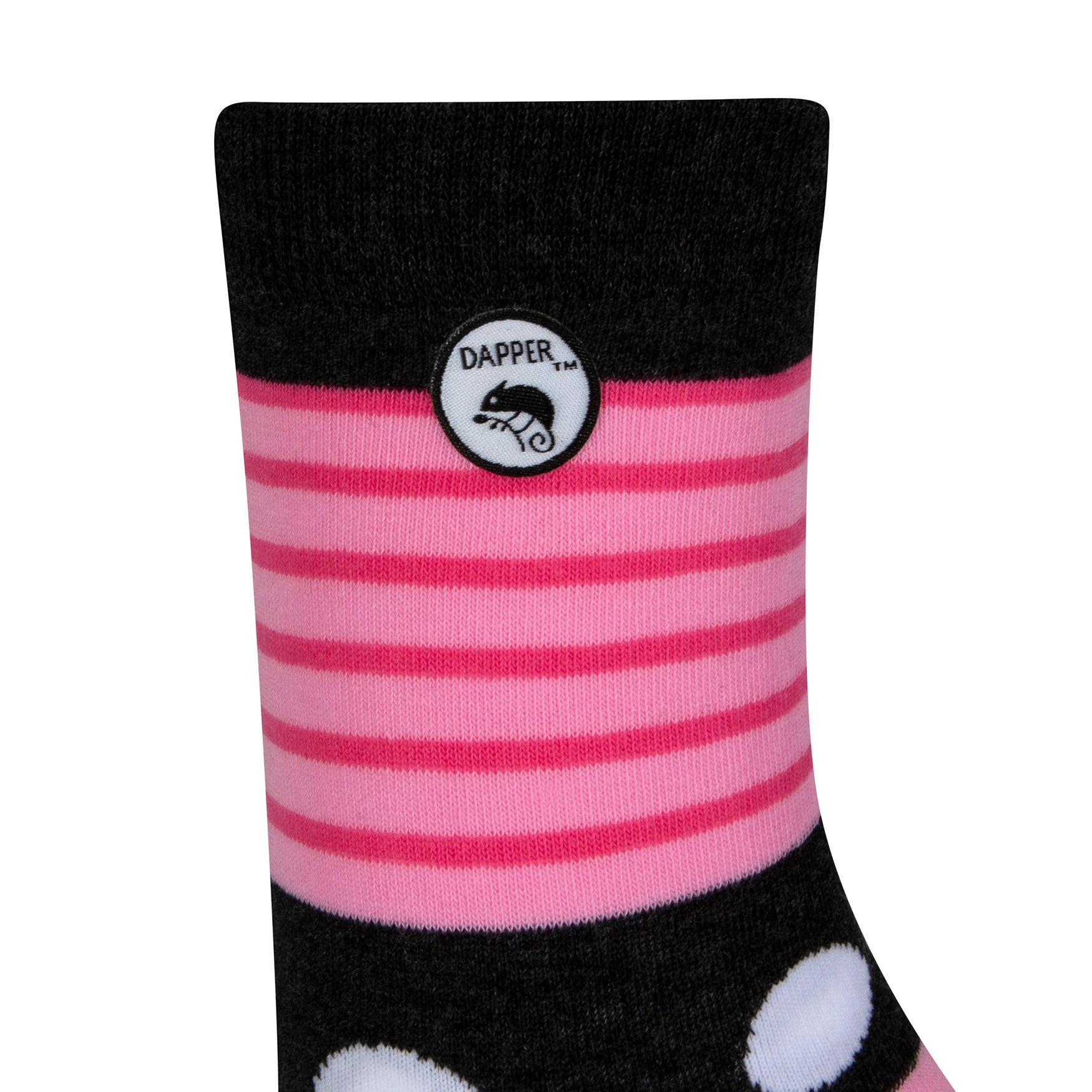 Side view of a combed cotton dark grey seamless toe anklet with cerise pink and baby pink stripes and white dots with Dapper Chameleon logo.