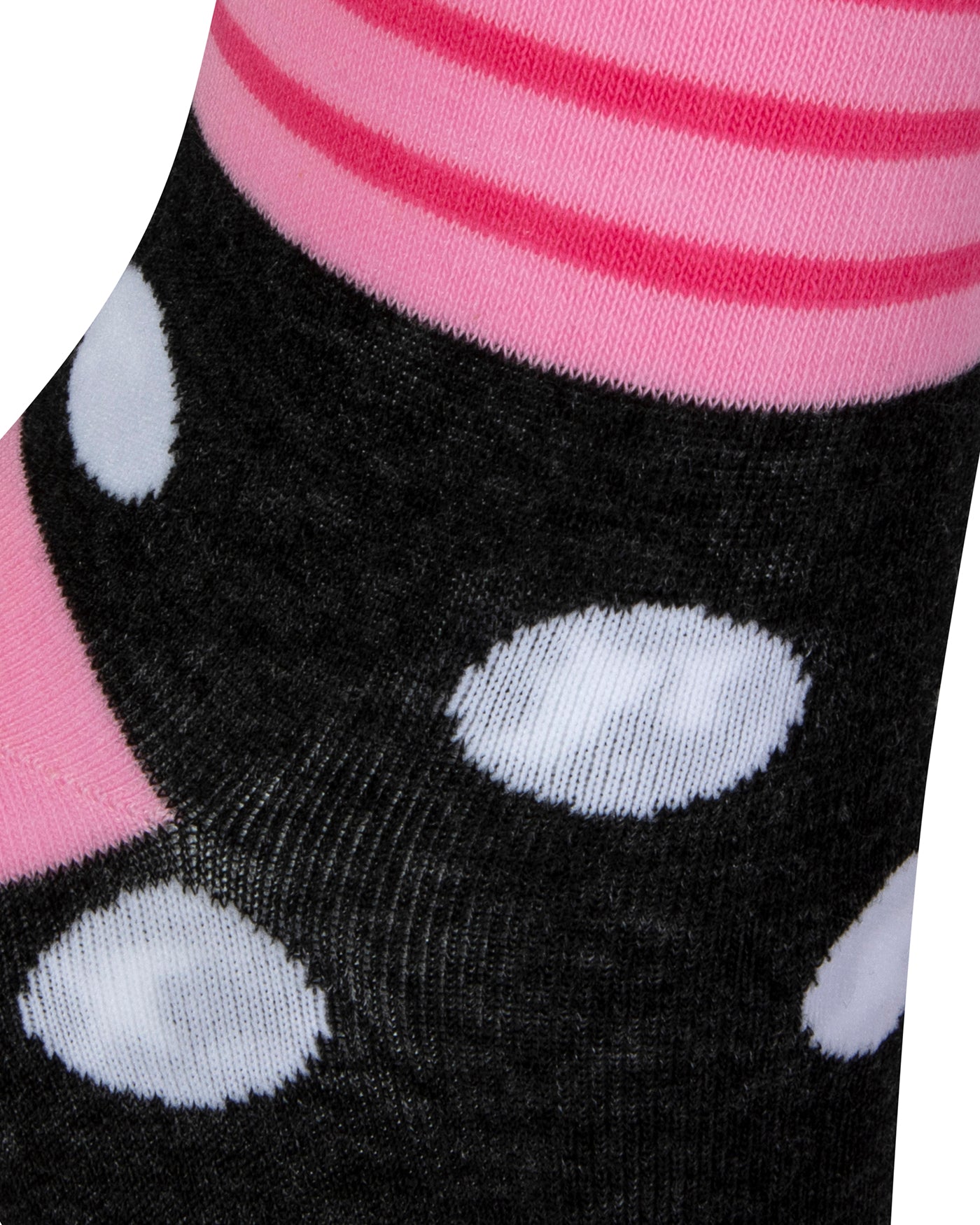 Textured heel view of a combed cotton dark grey seamless toe anklet with cerise pink and baby pink stripes and white dots with a baby pink heel.