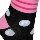 Textured heel view of a combed cotton dark grey seamless toe anklet with cerise pink and baby pink stripes and white dots with a baby pink heel.