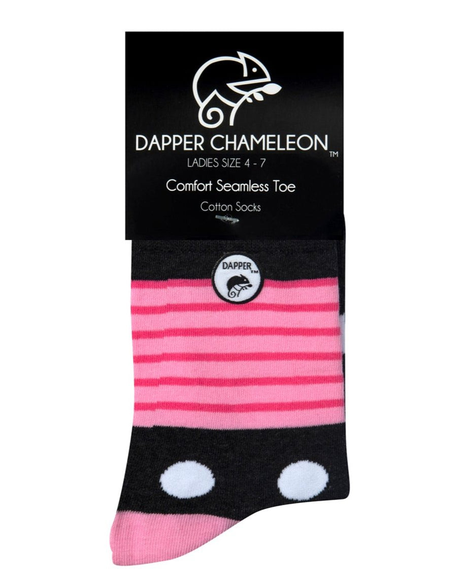Header card packaging of a combed cotton dark grey seamless toe anklet with cerise pink and baby pink stripes and white dots with a baby pink heel and toe.