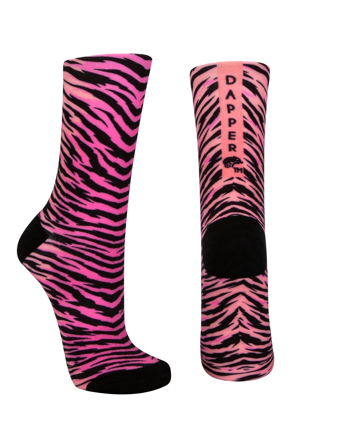 Pink seamless toe sock with black zebra stripe design print and black heel and toe.