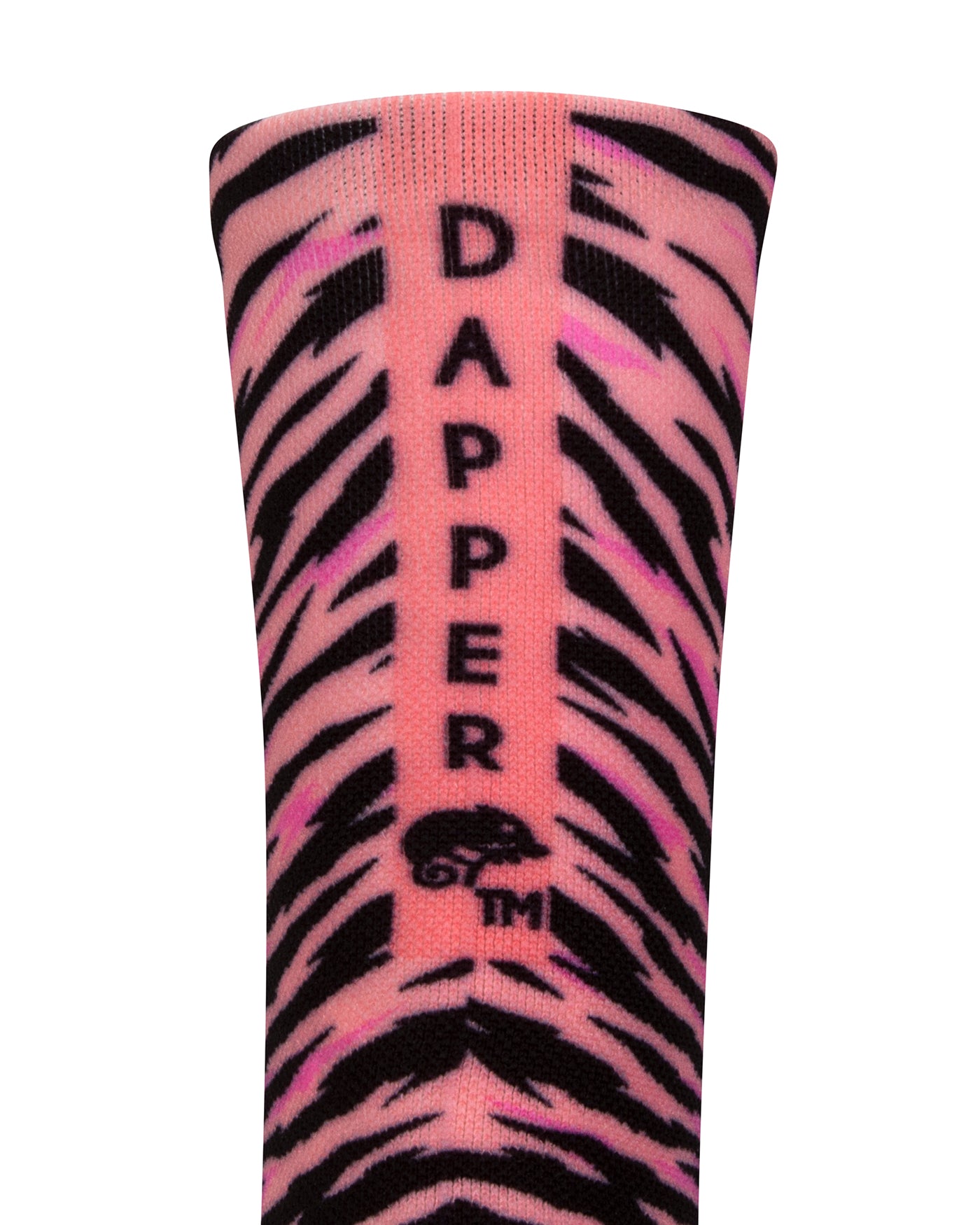 Back view of a pink seamless toe sock with black zebra stripe design print with a pink salmon strip with Dapper Chameleon wording and logo in black.
