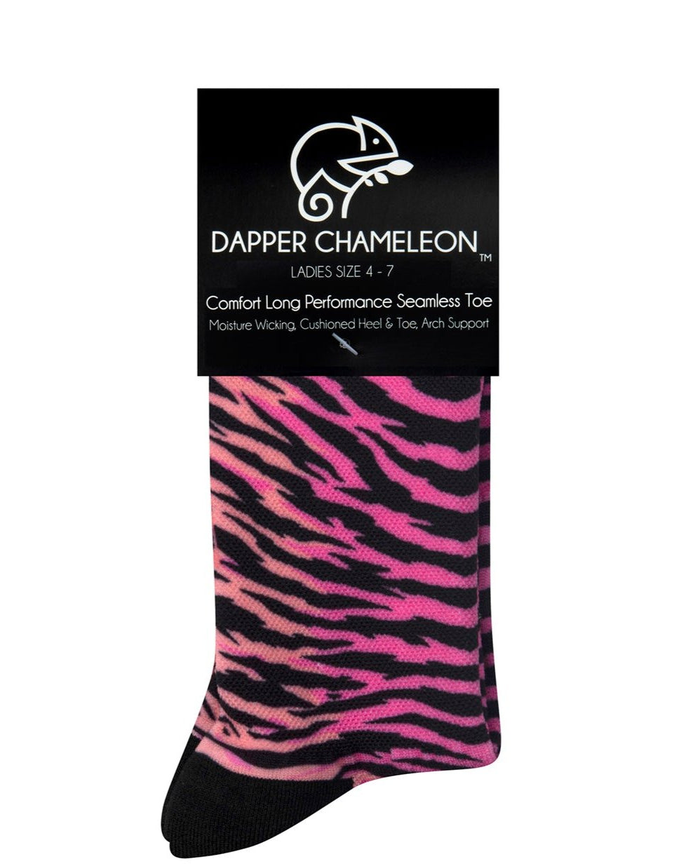 Header card packaging of a pink seamless toe sock with black zebra stripe design print and black heel and toe.