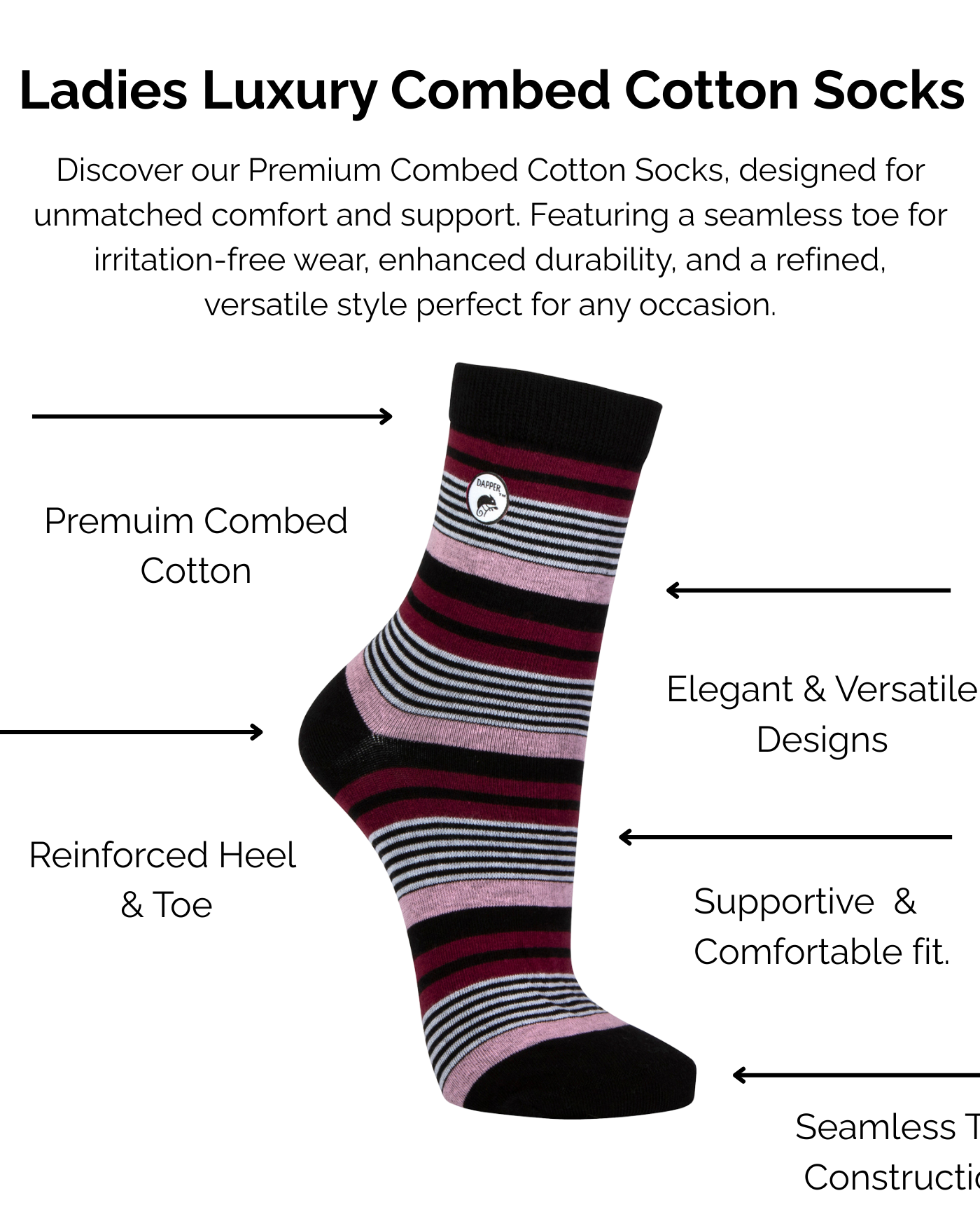 Striped black and pink cotton sock with text describing technical features on a white background.