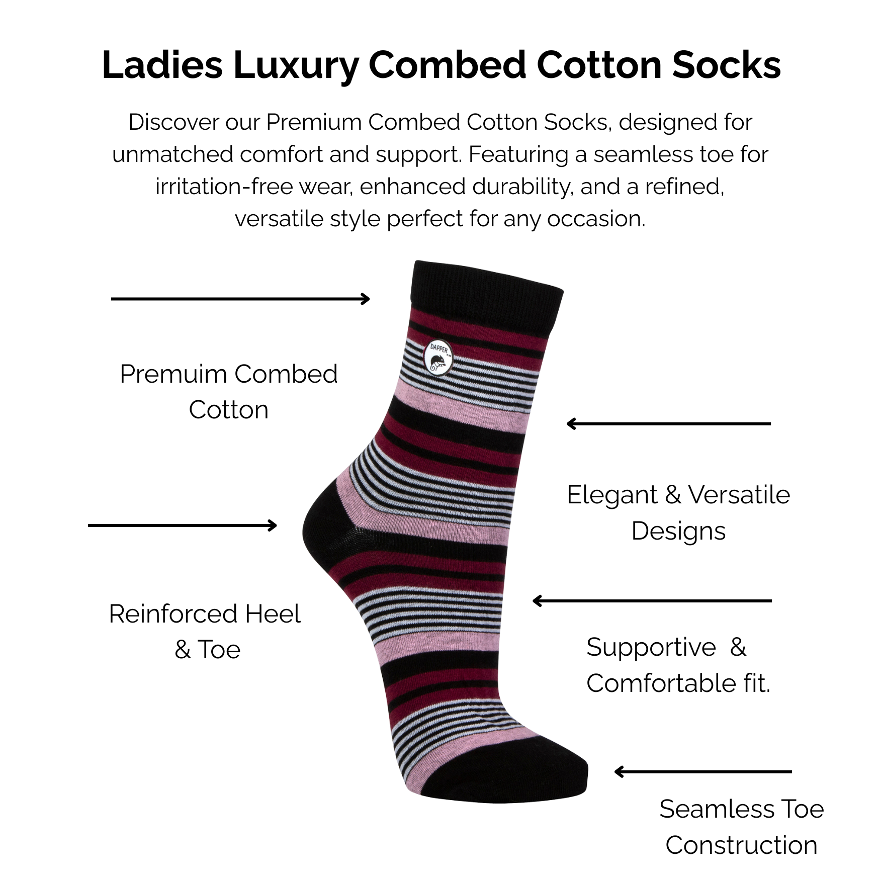 Striped black and pink cotton sock with text describing technical features on a white background.