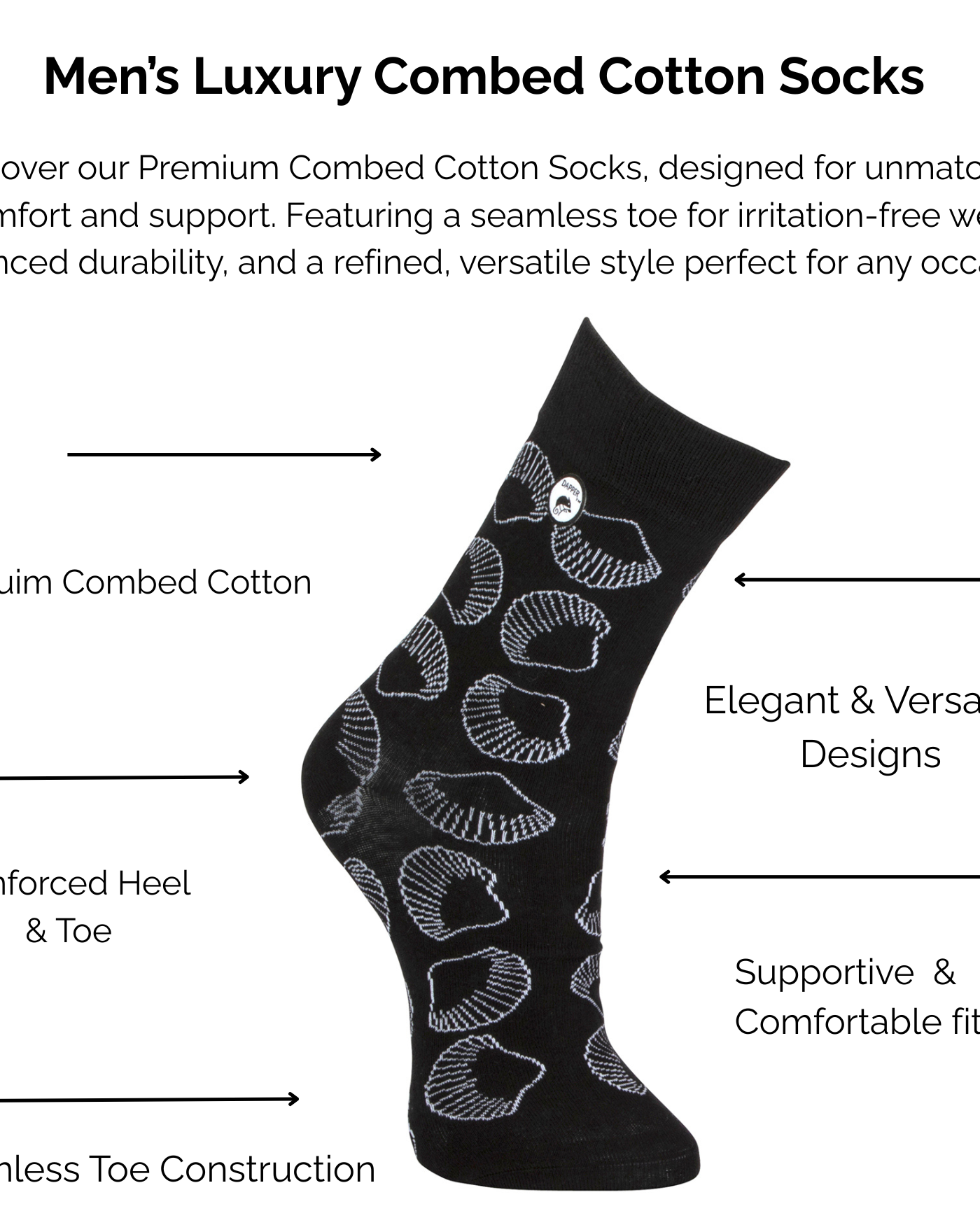 Men's luxury combed black sea shell cotton socks with design and technical feature text on a white background.