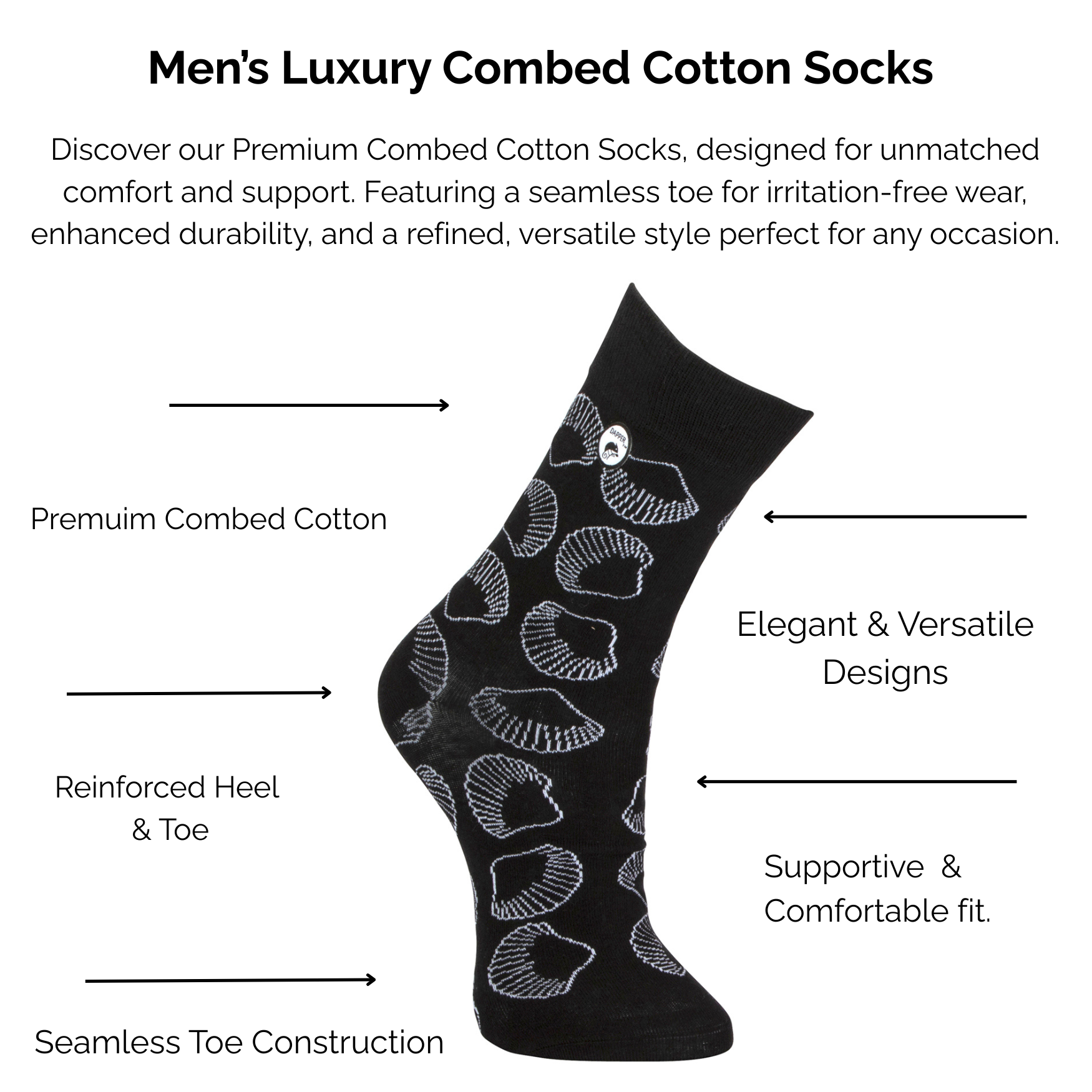 Men's luxury combed black sea shell cotton socks with design and technical feature text on a white background.