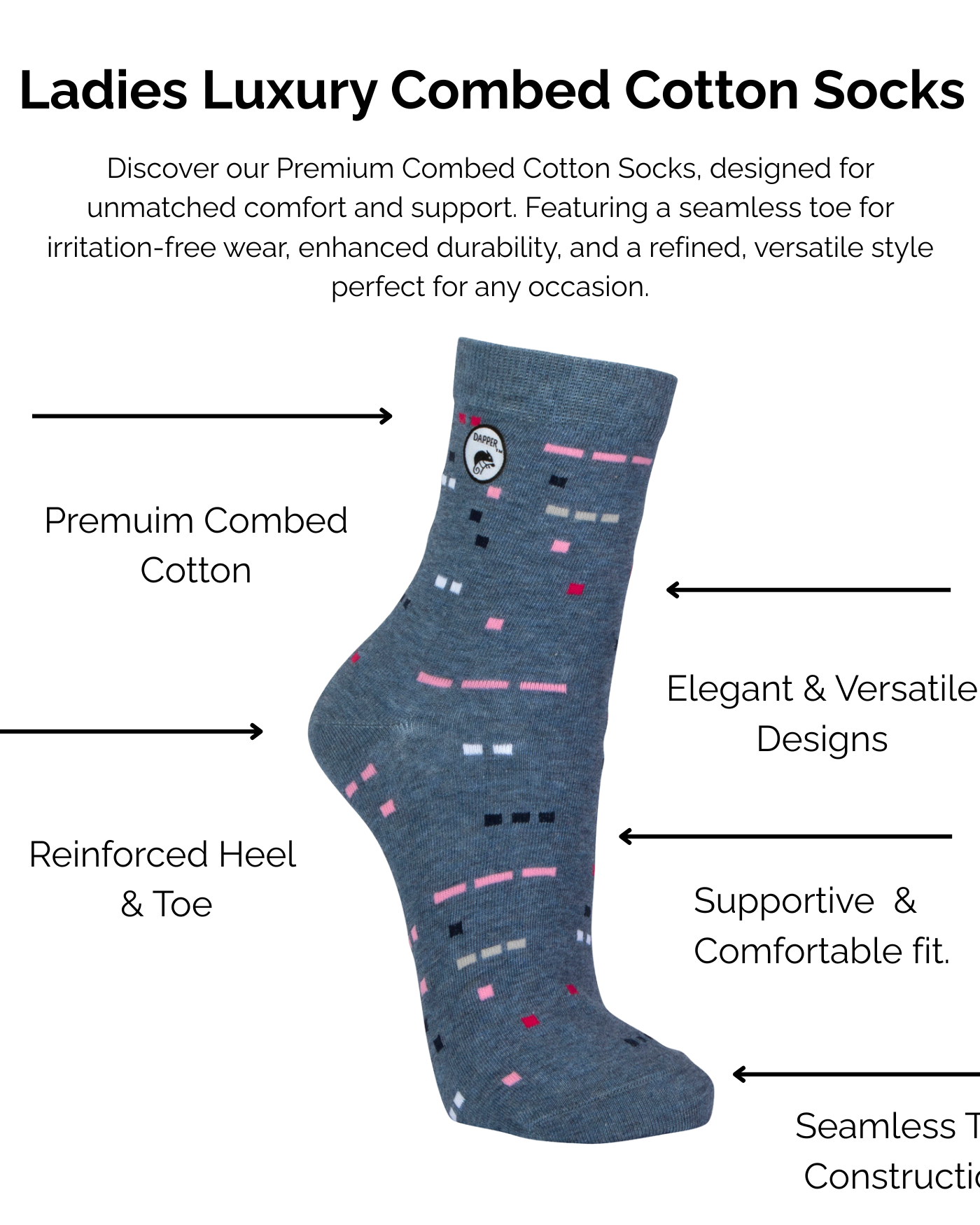 Ladies Luxury Combed Blue Melange Dot Cotton Socks with technical features highlighted on a white background.