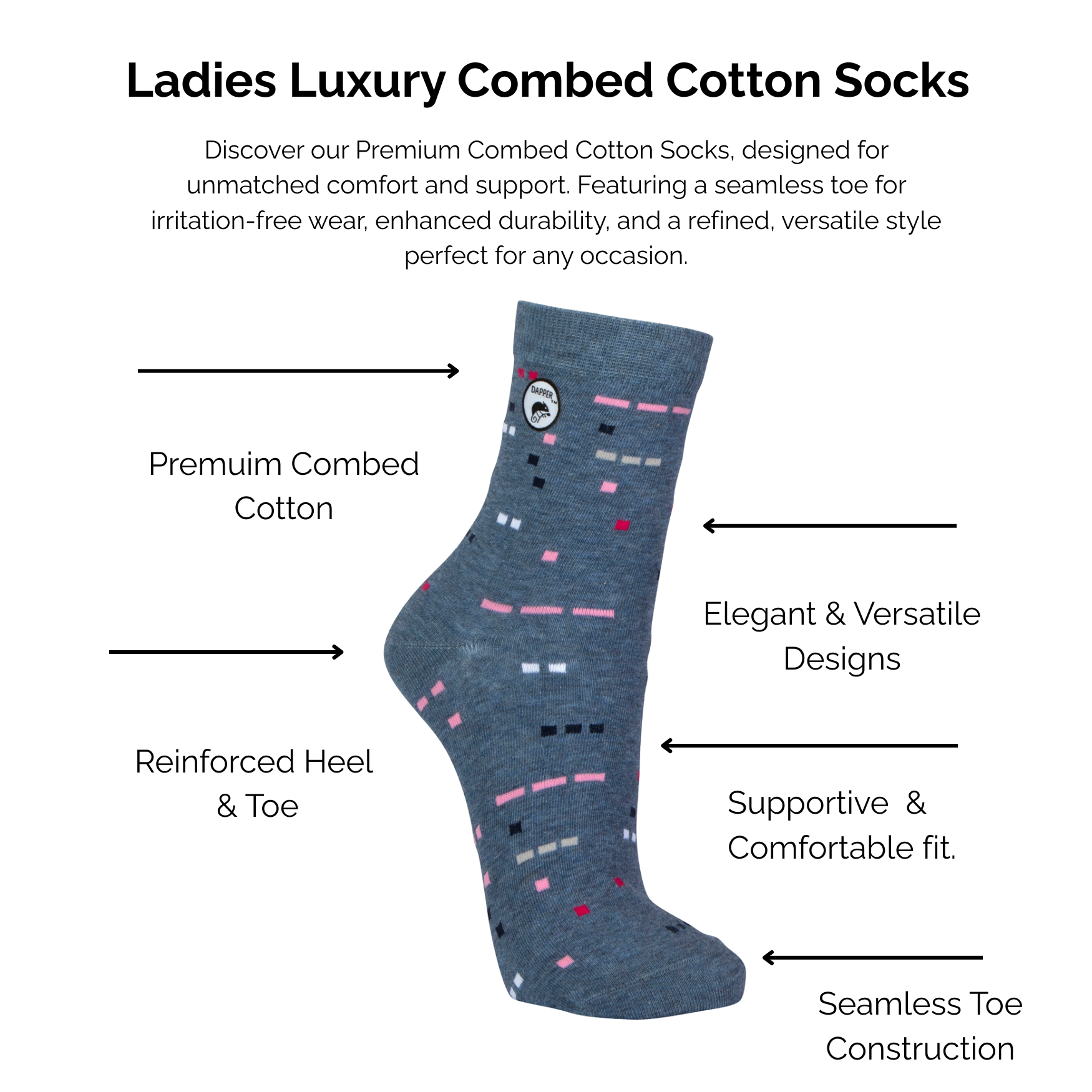 Ladies Luxury Combed Blue Melange Dot Cotton Socks with technical features highlighted on a white background.