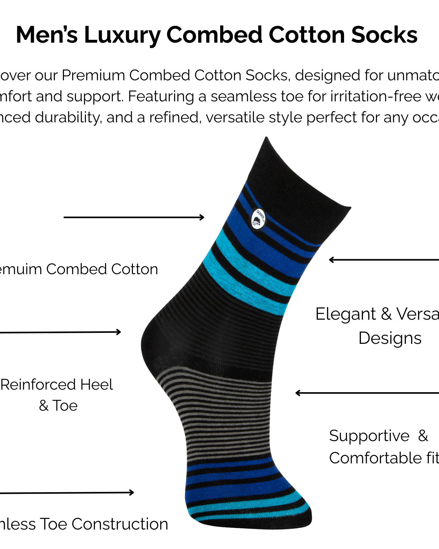 Men's luxury combed black and blue stripe cotton socks with technical features highlighted on a white background.
