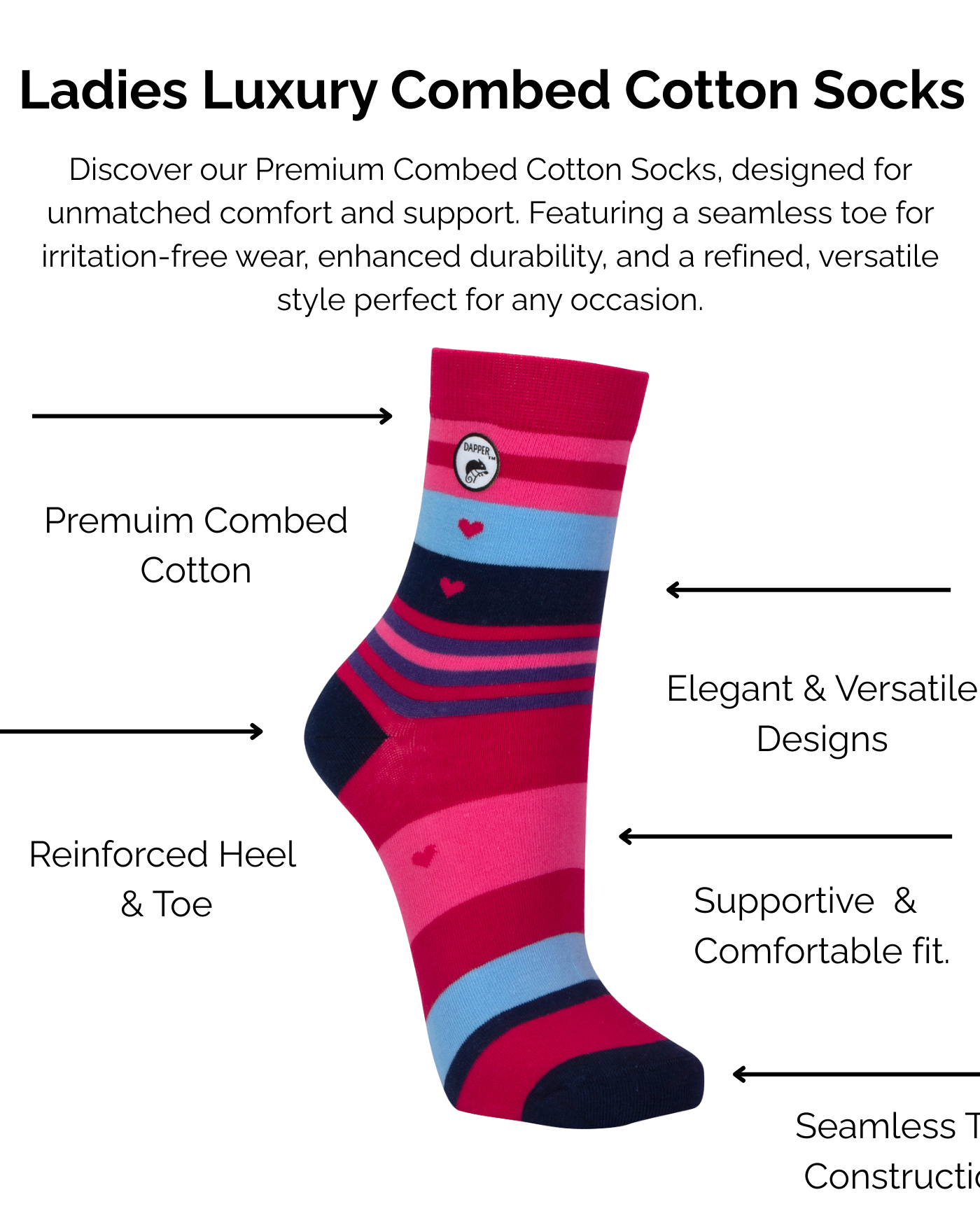 Ladies Luxury Combed Cerise Heart striped Cotton Socks with technical features listed on a white background.