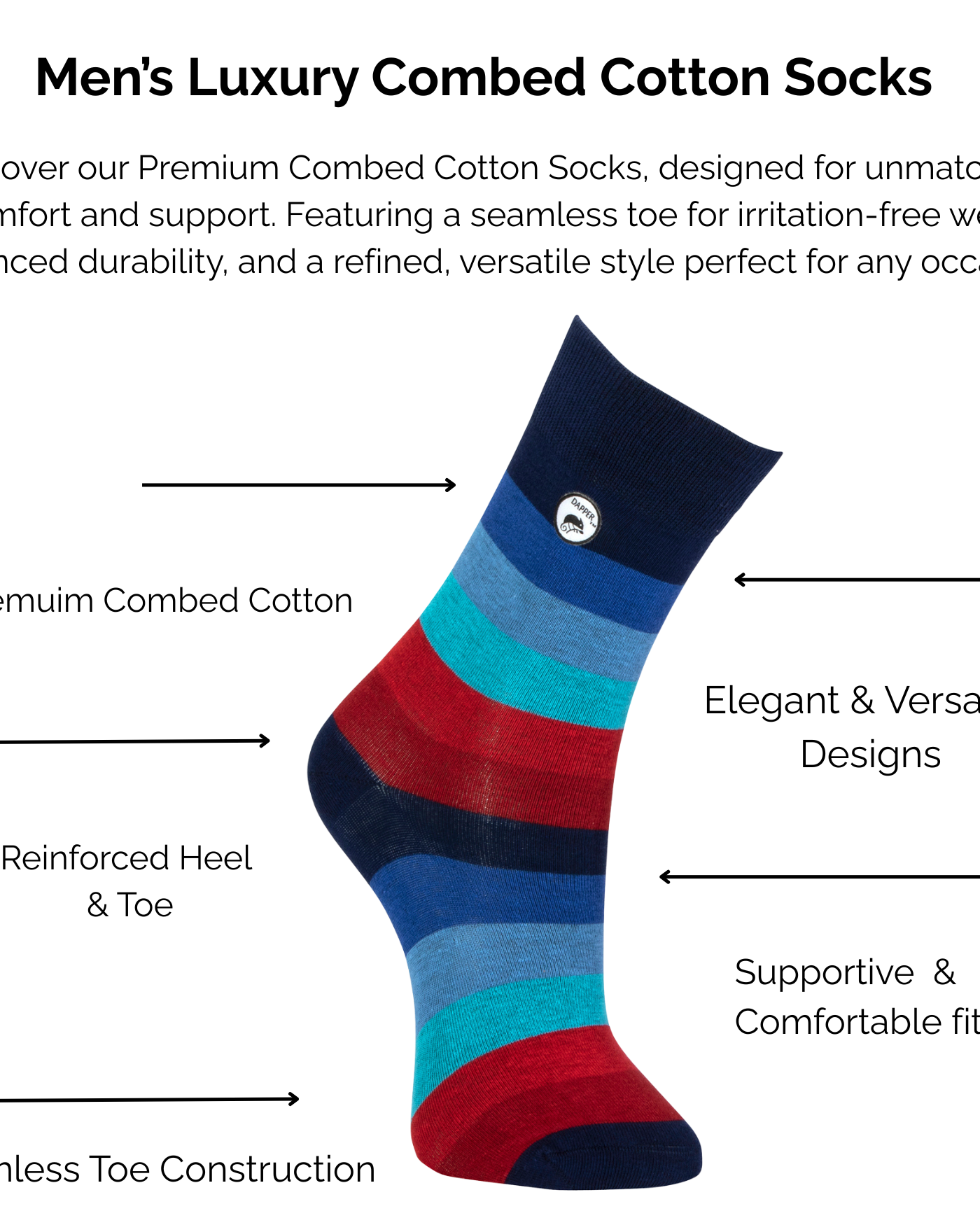 Men's luxury combed blue and red cotton striped sock with technical features highlighted on a white background.