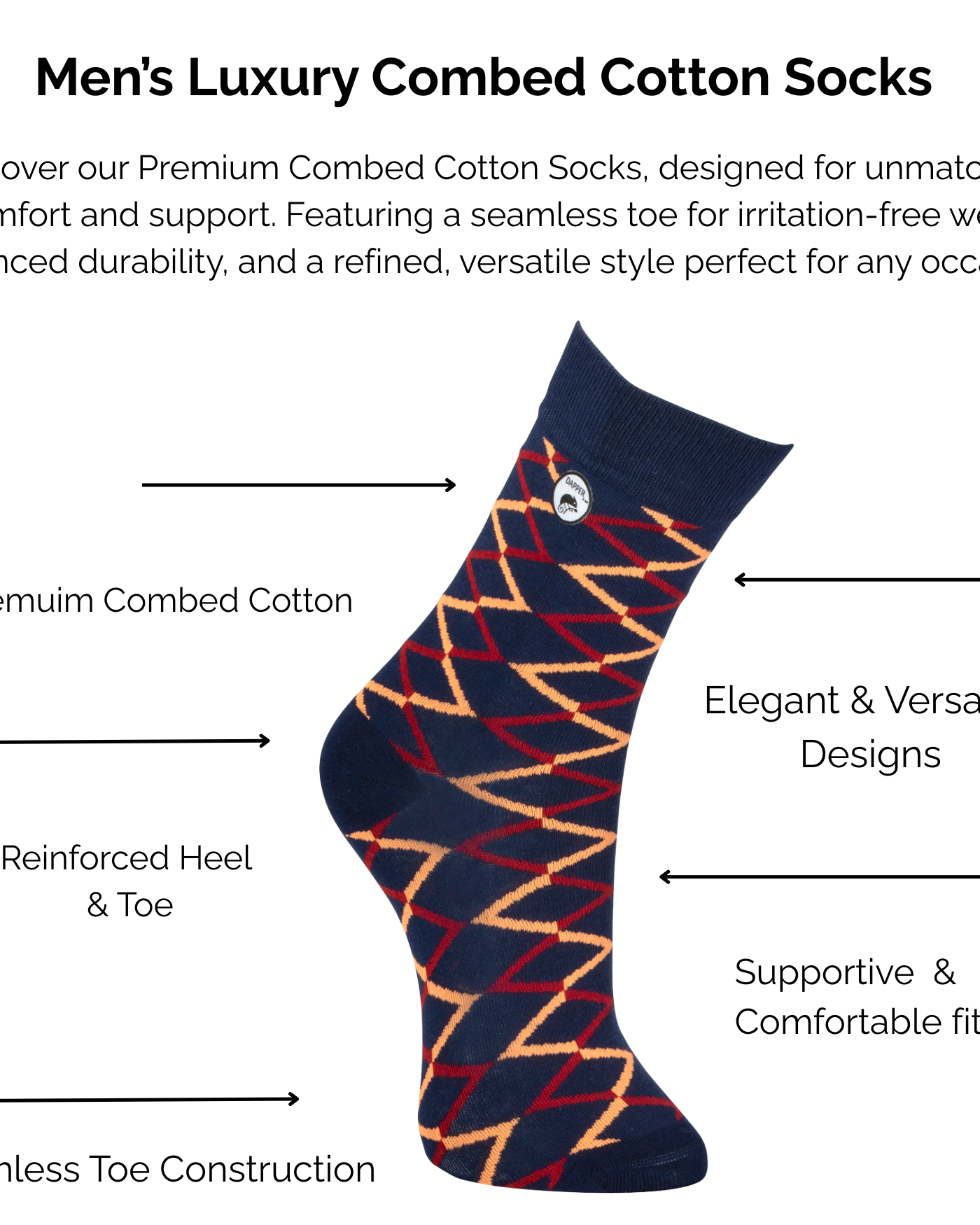 Men's luxury combed dark navy diamond design cotton sock with technical features highlighted on a white background.