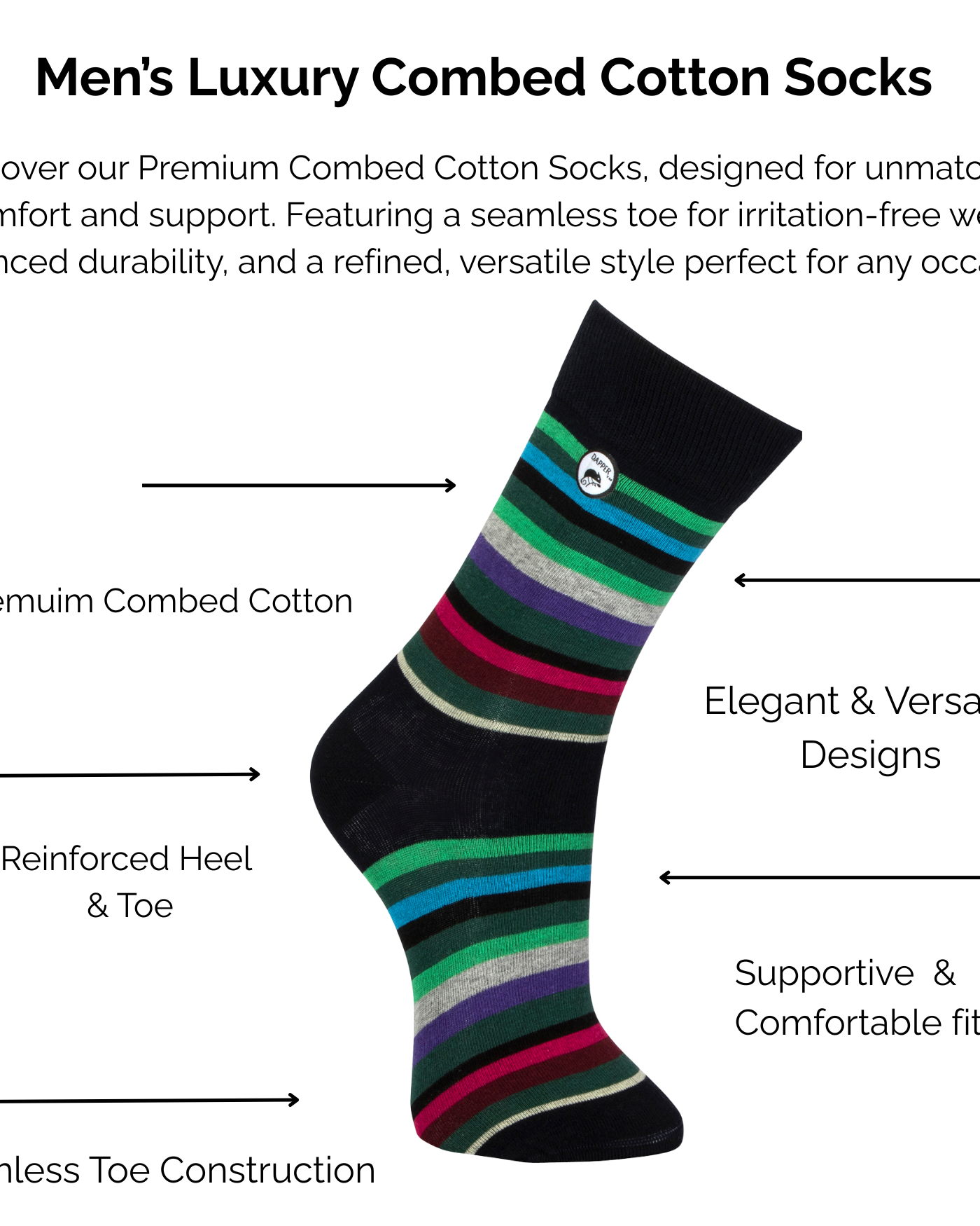 Men's luxury combed black cotton socks with green, blue, grey, purple and pink striped design with technical features highlighted on a white background.