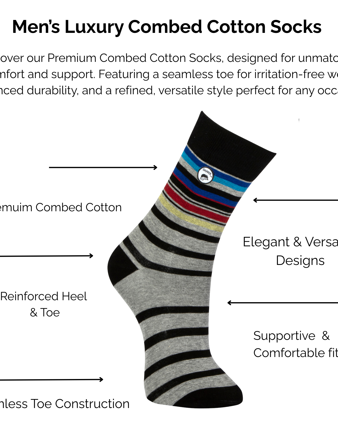 Men's Luxury Combed grey black stripe Cotton Socks with technical features highlighted on a white background.