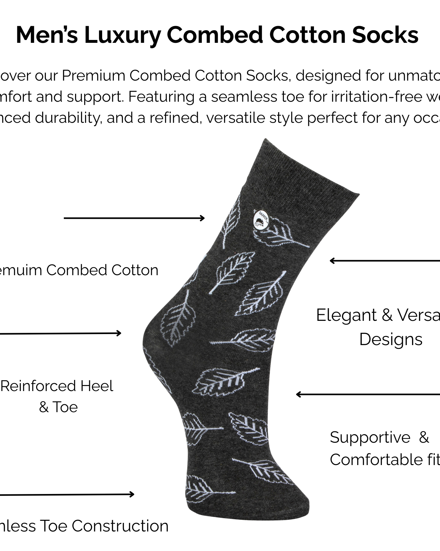 Men's Luxury Combed Grey Cotton Socks with leaf pattern with the technical aspects of the sock on a white background.