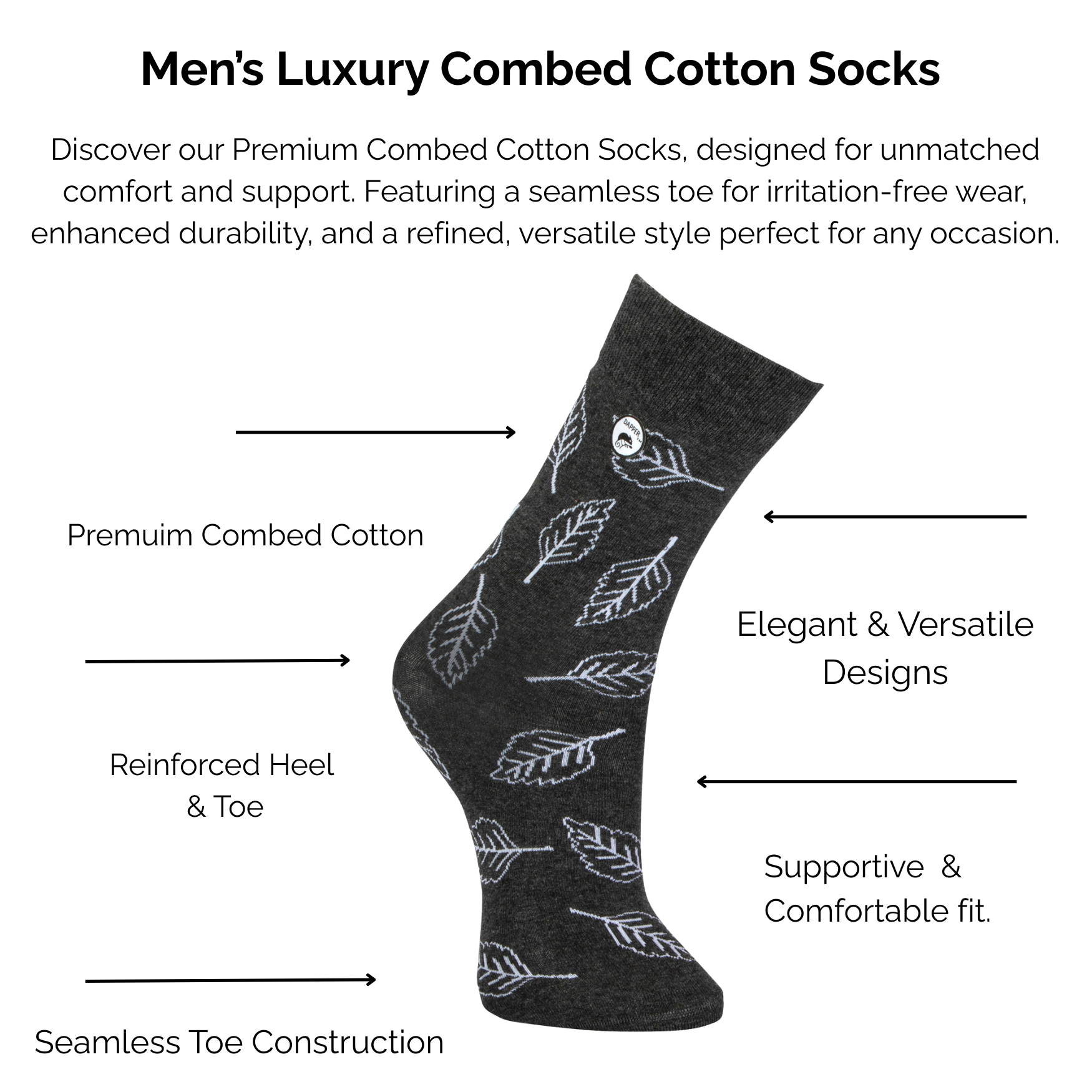 Men's Luxury Combed Grey Cotton Socks with leaf pattern with the technical aspects of the sock on a white background.