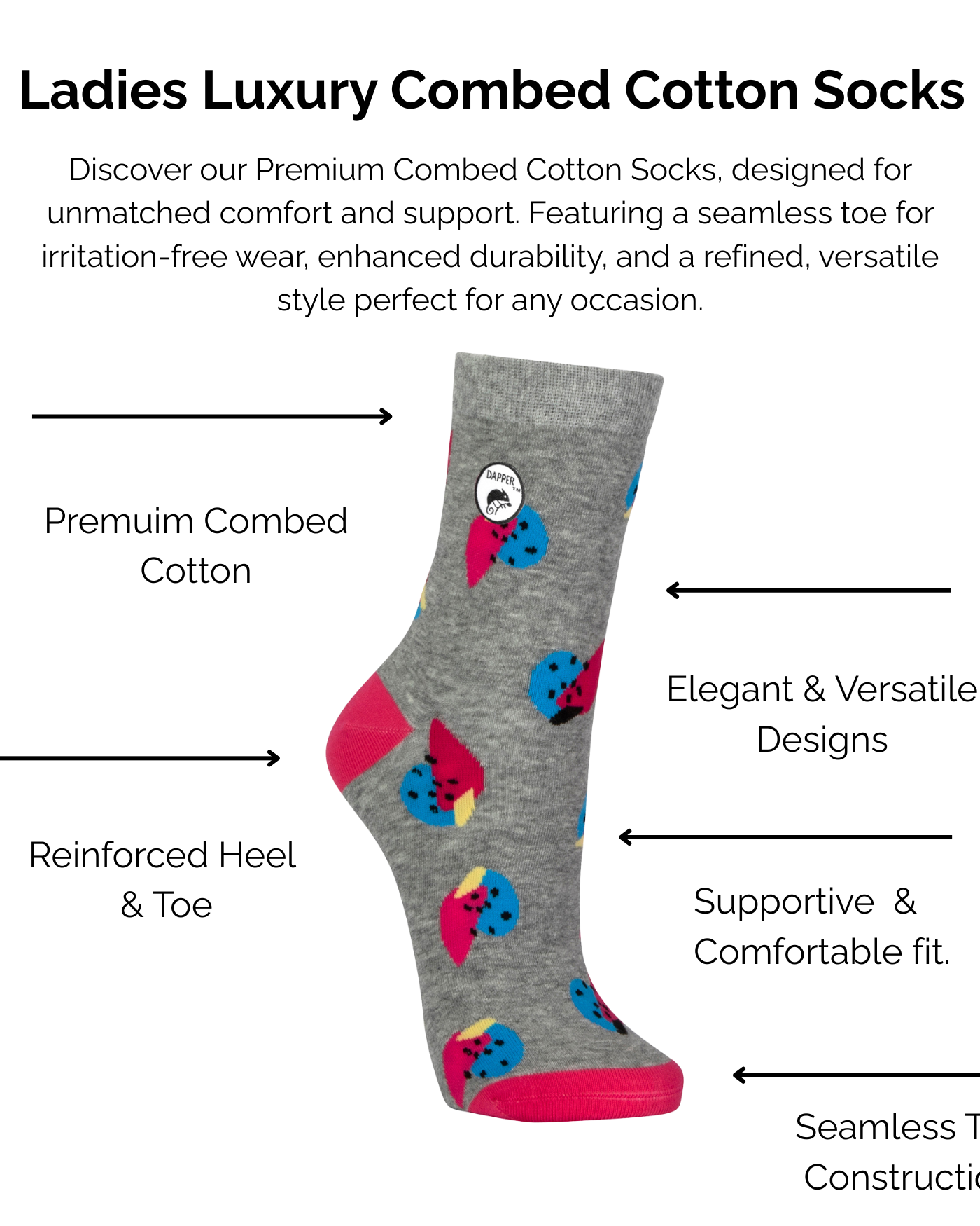 Ladies Luxury Combed Grey and Pink Fruit Cotton Socks with technical features highlighted on a white background.