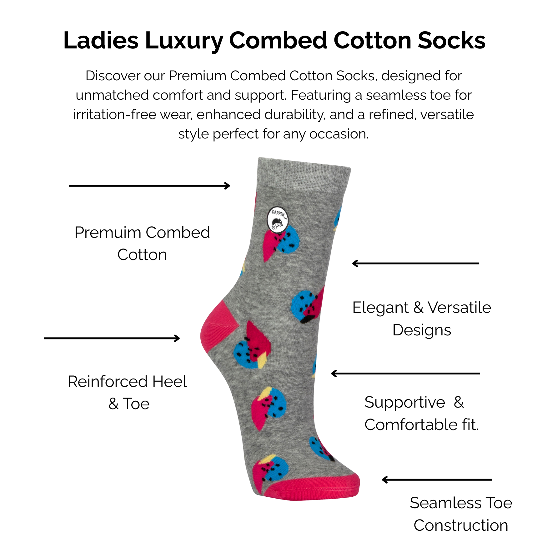 Ladies Luxury Combed Grey and Pink Fruit Cotton Socks with technical features highlighted on a white background.