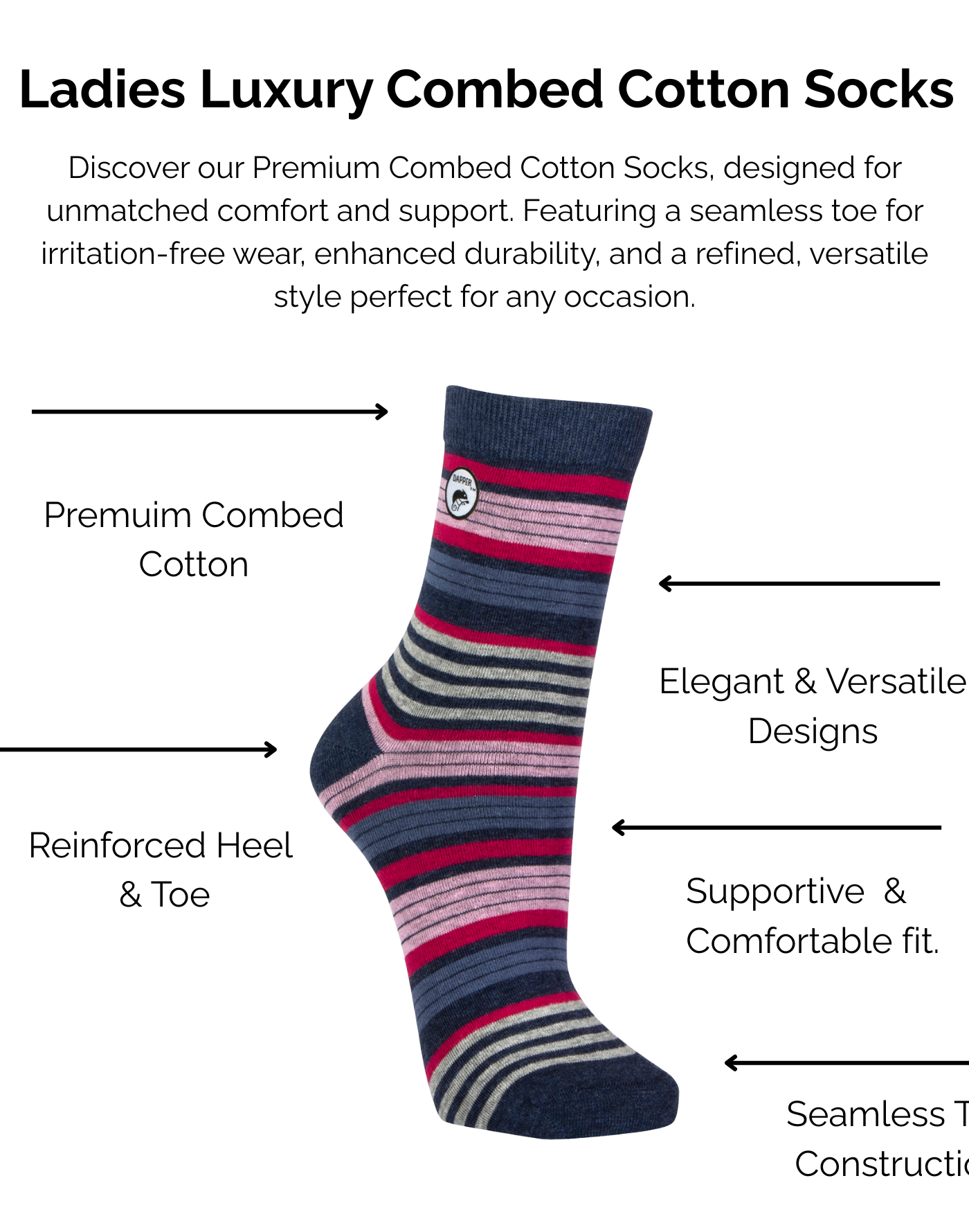 Melange Blue and Pink Striped combed cotton sock with text describing technical features on a white background.