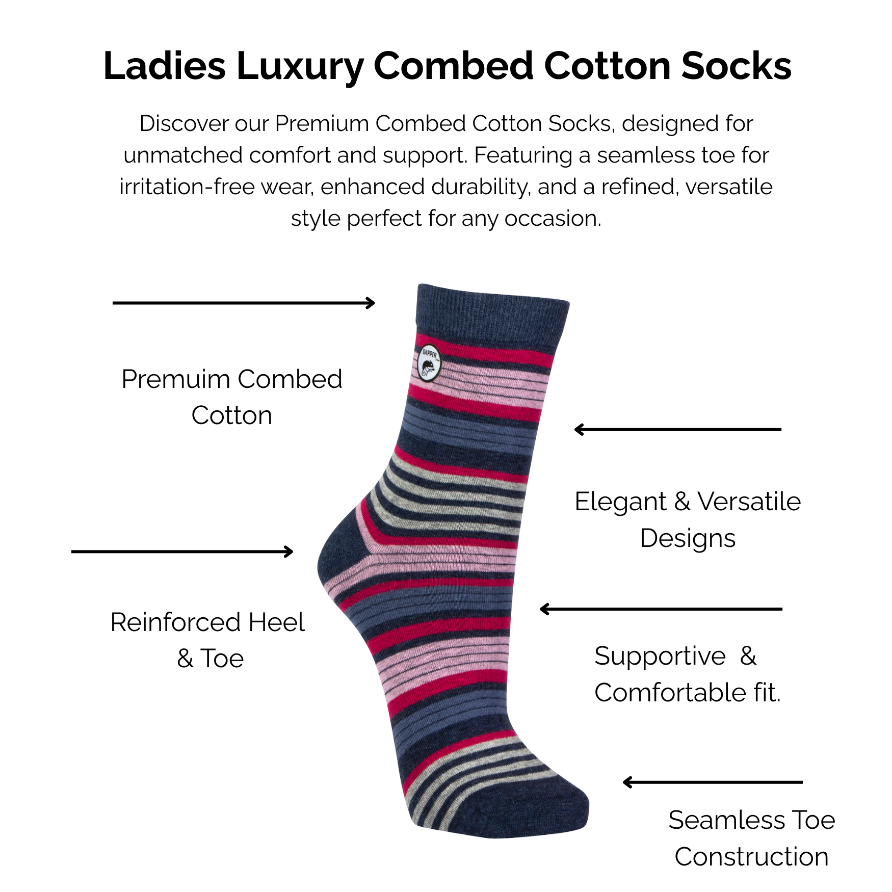 Melange Blue and Pink Striped combed cotton sock with text describing technical features on a white background.