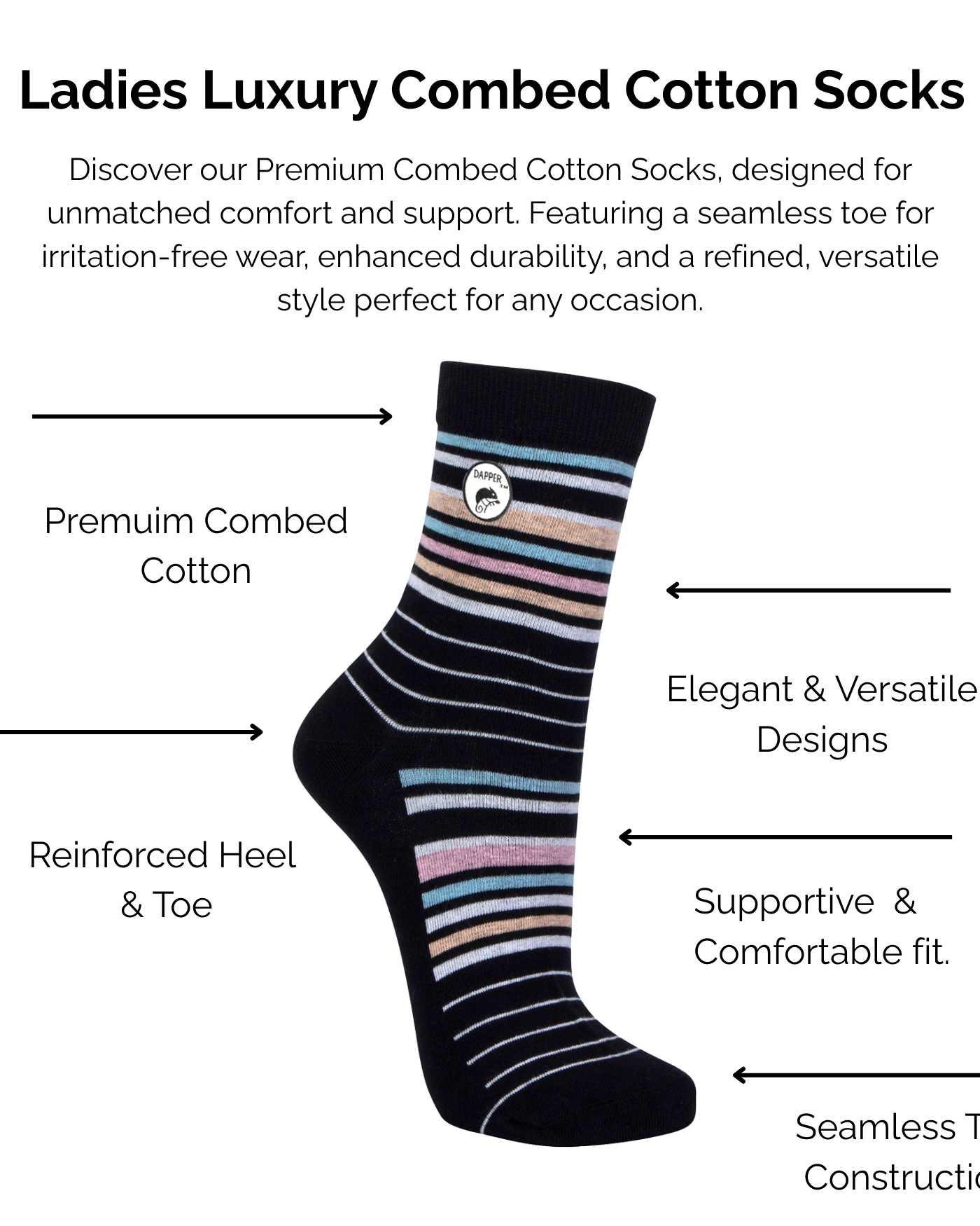 Dark Navy Multi-colour striped combed cotton sock with text describing technical features on a white background.