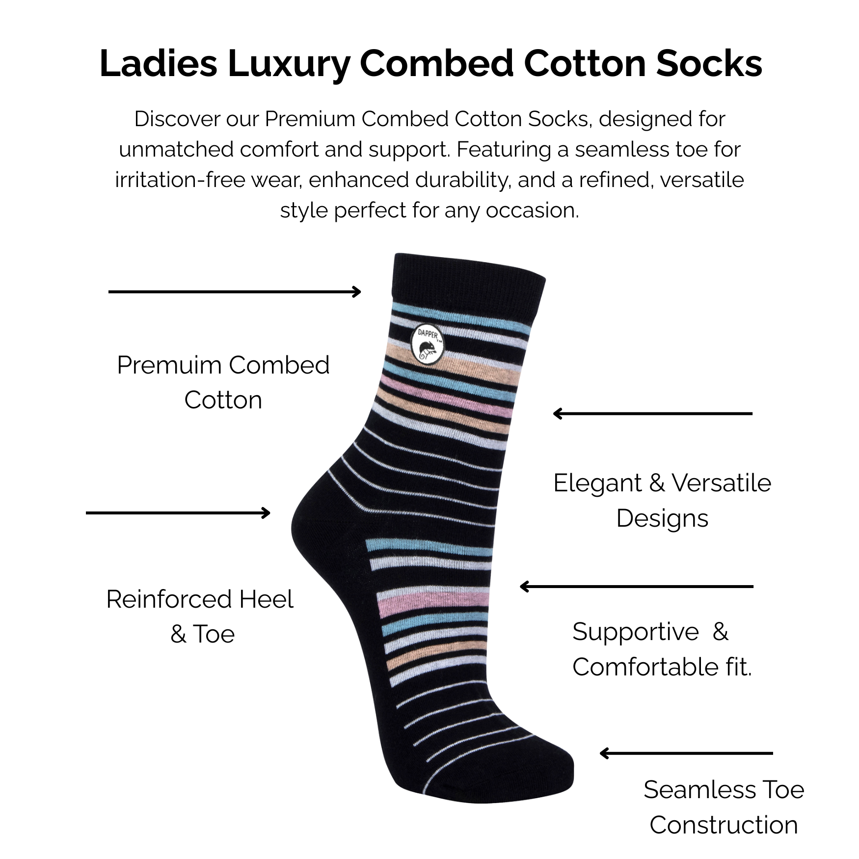 Dark Navy Multi-colour striped combed cotton sock with text describing technical features on a white background.