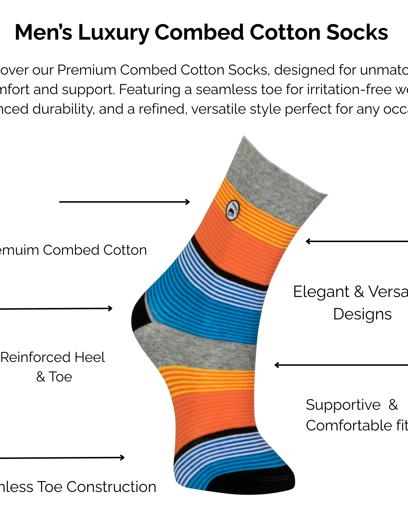 Men's luxury combed Multi-colour Stripe cotton sock with technical features highlighted on a white background.