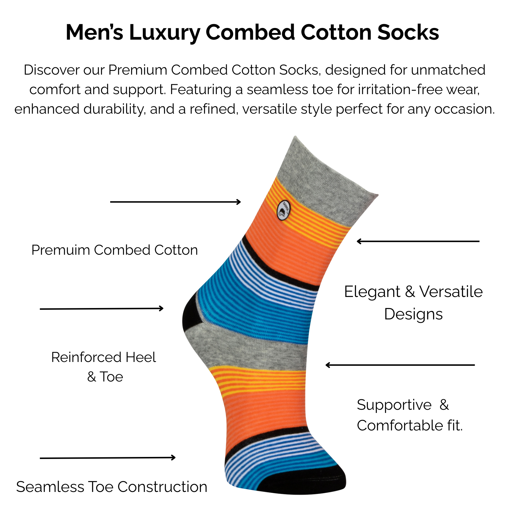Men's luxury combed Multi-colour Stripe cotton sock with technical features highlighted on a white background.