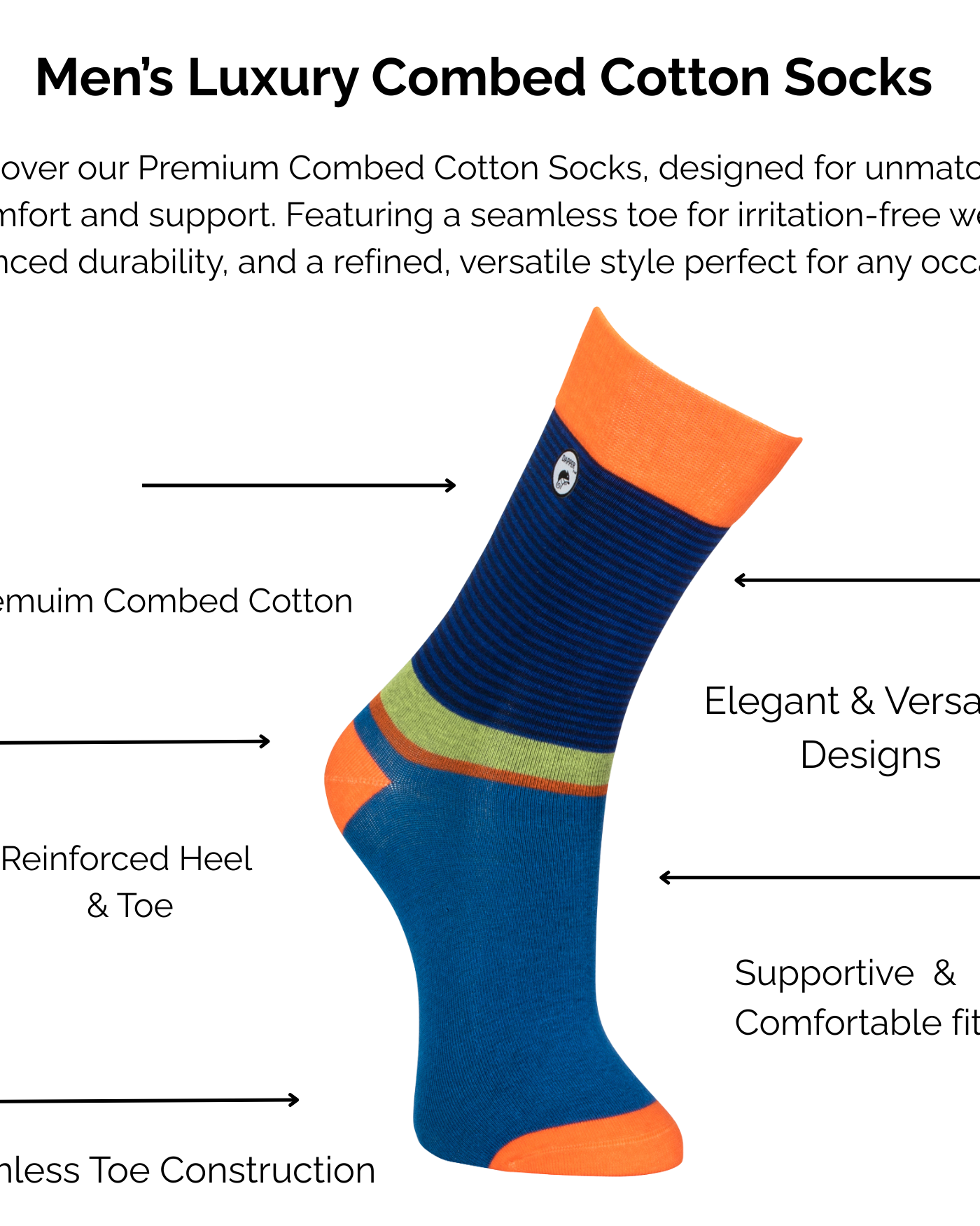 Men's orange and blue striped luxury combed cotton socks with technical features highlighted on a white background.