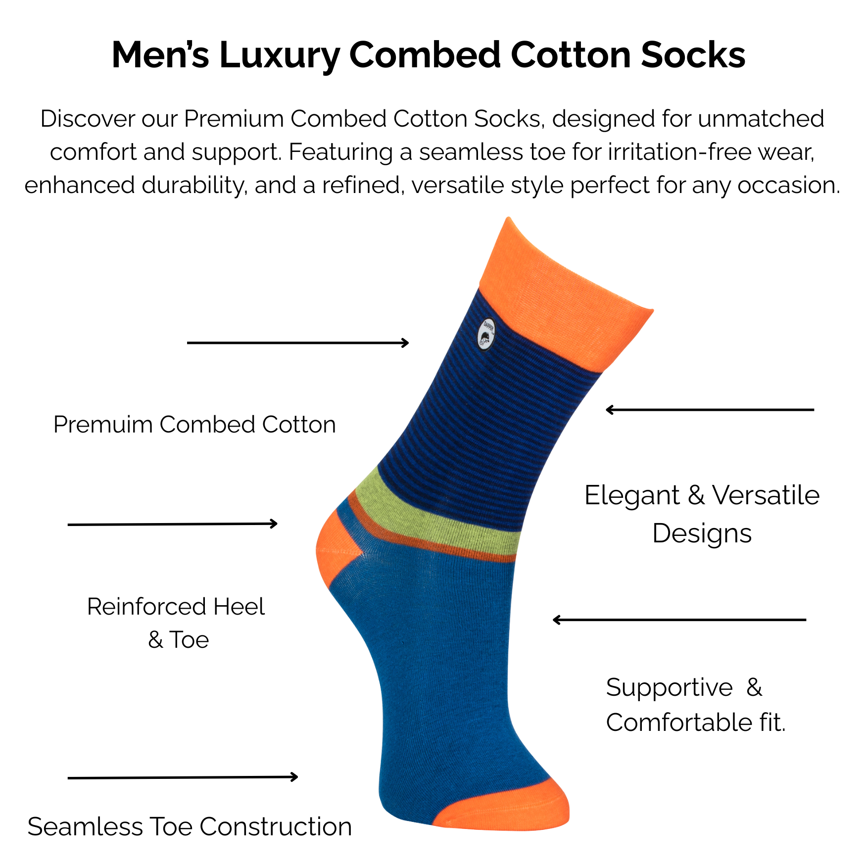 Men's orange and blue striped luxury combed cotton socks with technical features highlighted on a white background.