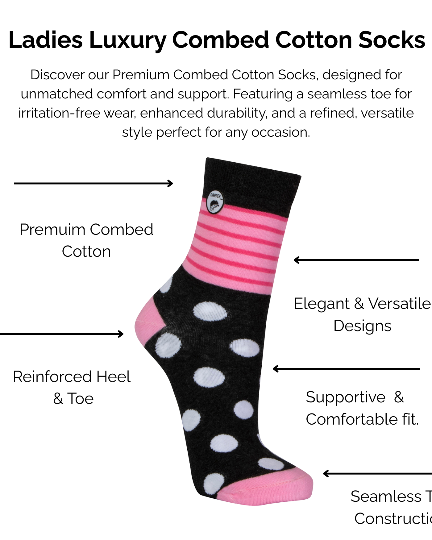 Ladies Luxury Combed Pink Stripe and White dot Cotton Socks with technical features highlighted on a white background.