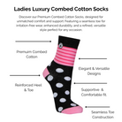 Ladies Luxury Combed Pink Stripe and White dot Cotton Socks with technical features highlighted on a white background.