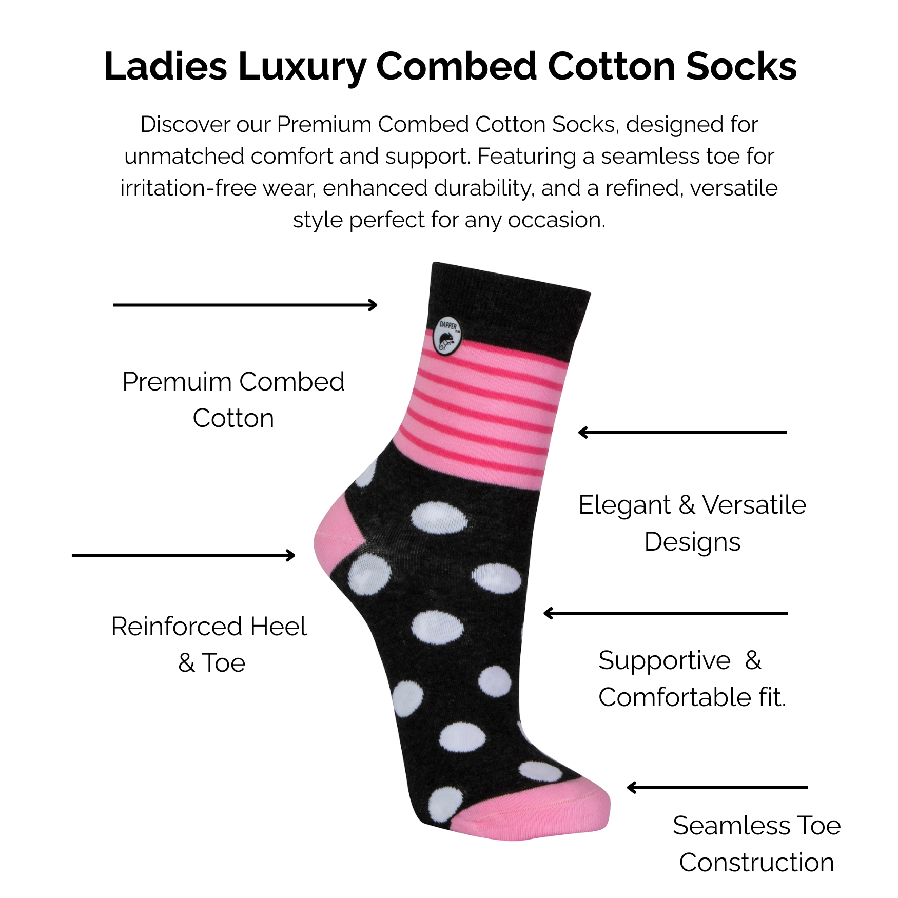 Ladies Luxury Combed Pink Stripe and White dot Cotton Socks with technical features highlighted on a white background.