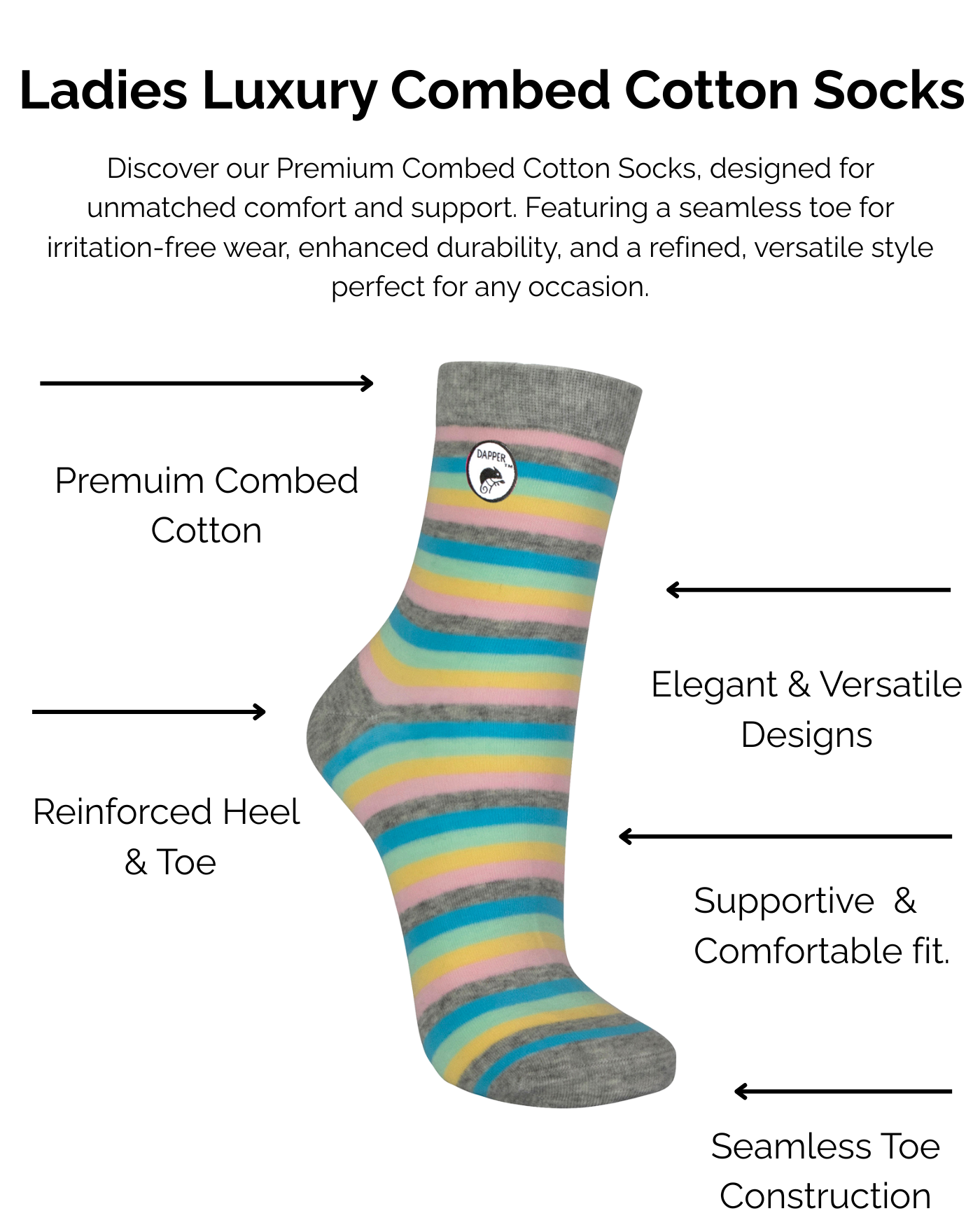 Grey Striped Combed Cotton sock with text describing technical features on a white background.