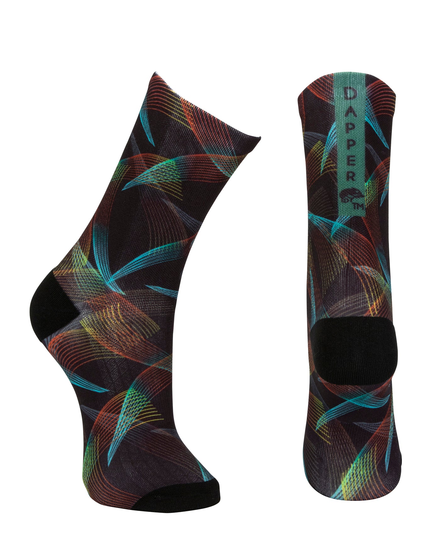 Black seamless toe sock with multi-colour abstract stripe design and black heel and toe.