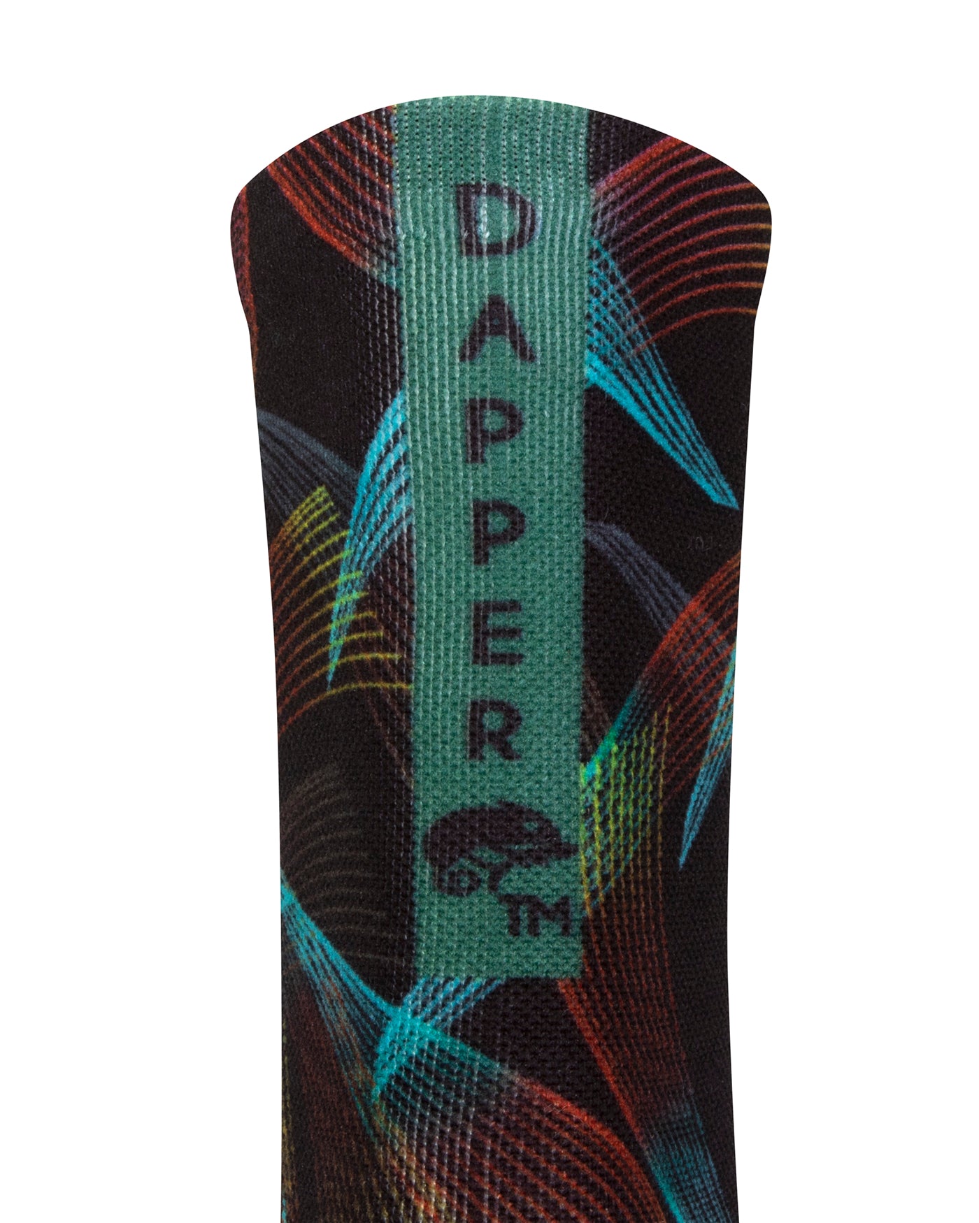 Back view of a black seamless toe sock with multi-colour abstract stripe design with a green strip with Dapper Chameleon wording and logo in black.