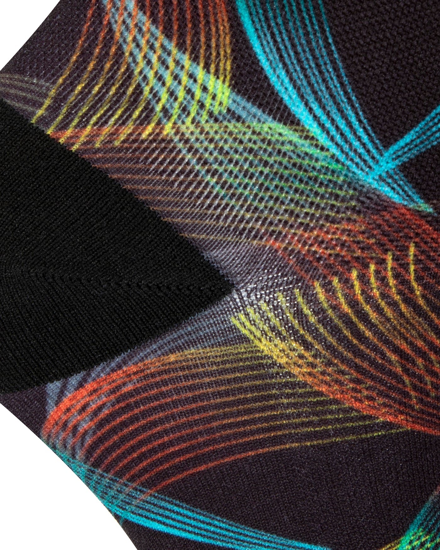 Textured heel view of a black seamless toe sock with multi-colour abstract stripe design and black heel.
