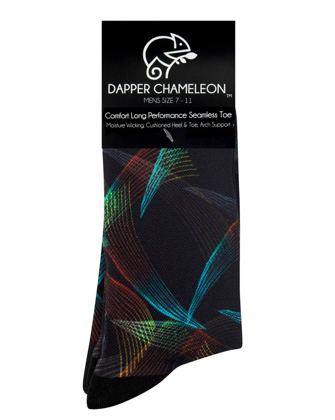 Header card packaging of a black seamless toe sock with multi-colour abstract stripe design and black heel and toe.