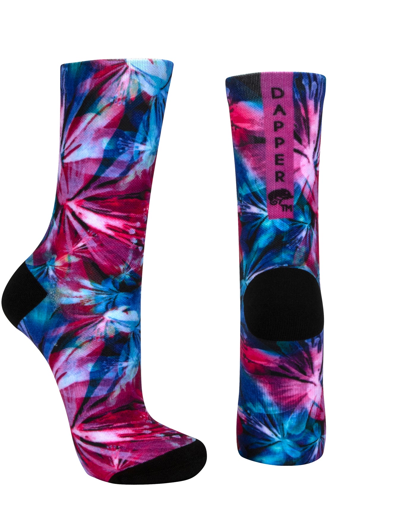 Seamless toe sock with pink and blue floral design print and black heel and toe.