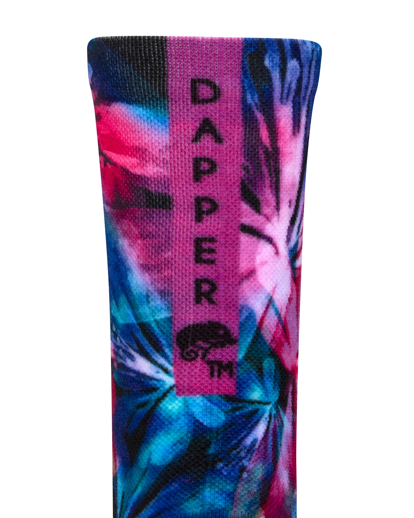 Back view of a seamless toe sock with pink and blue floral design print with a mauve strip with Dapper Chameleon wording and logo in black.