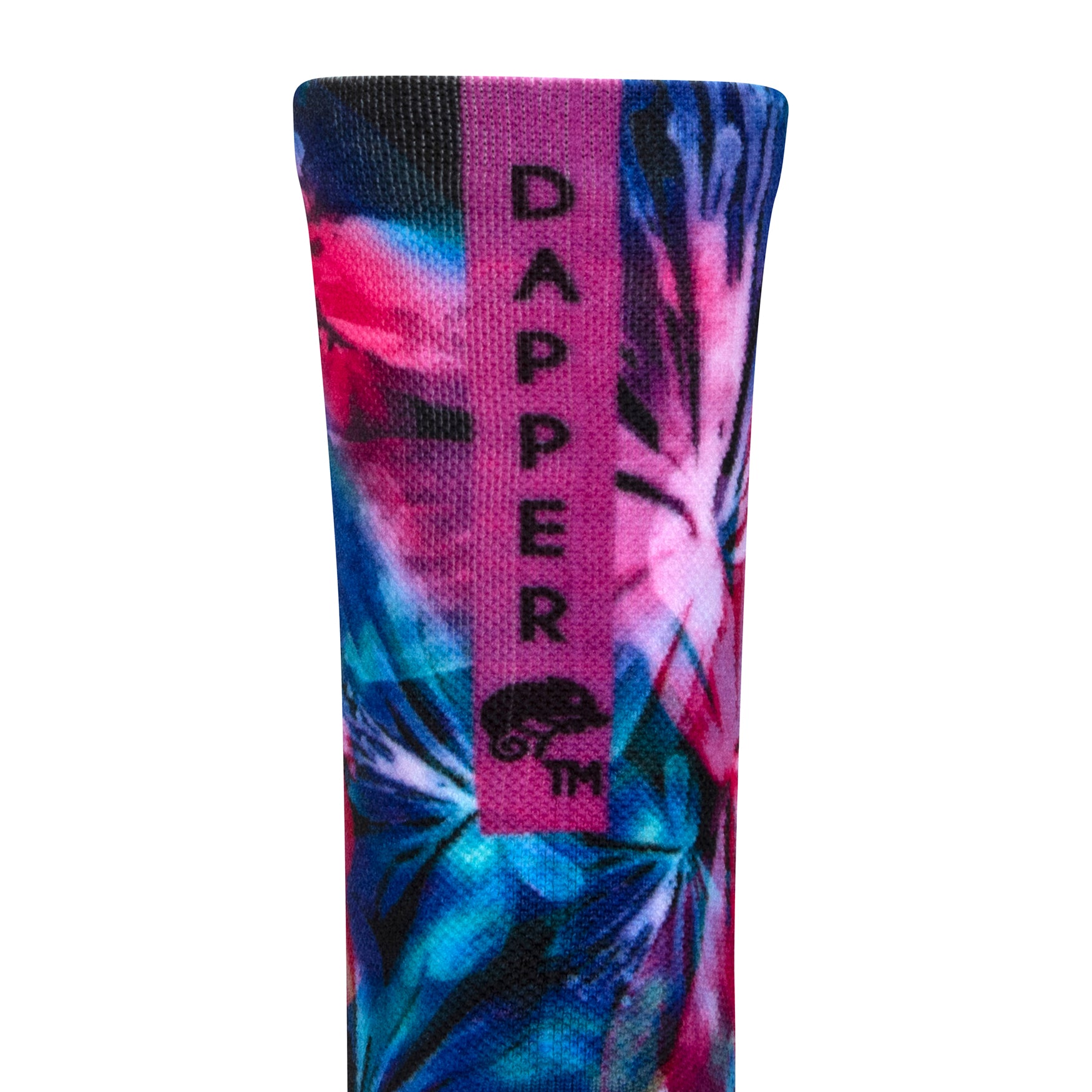 Back view of a seamless toe sock with pink and blue floral design print with a mauve strip with Dapper Chameleon wording and logo in black.