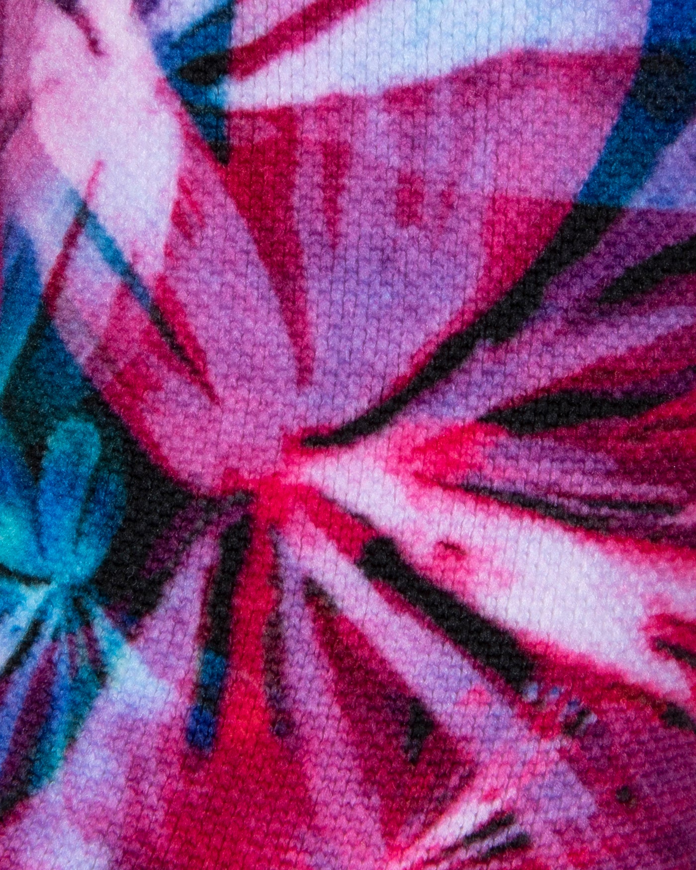 Textured view of a seamless toe sock with pink and blue floral design print.