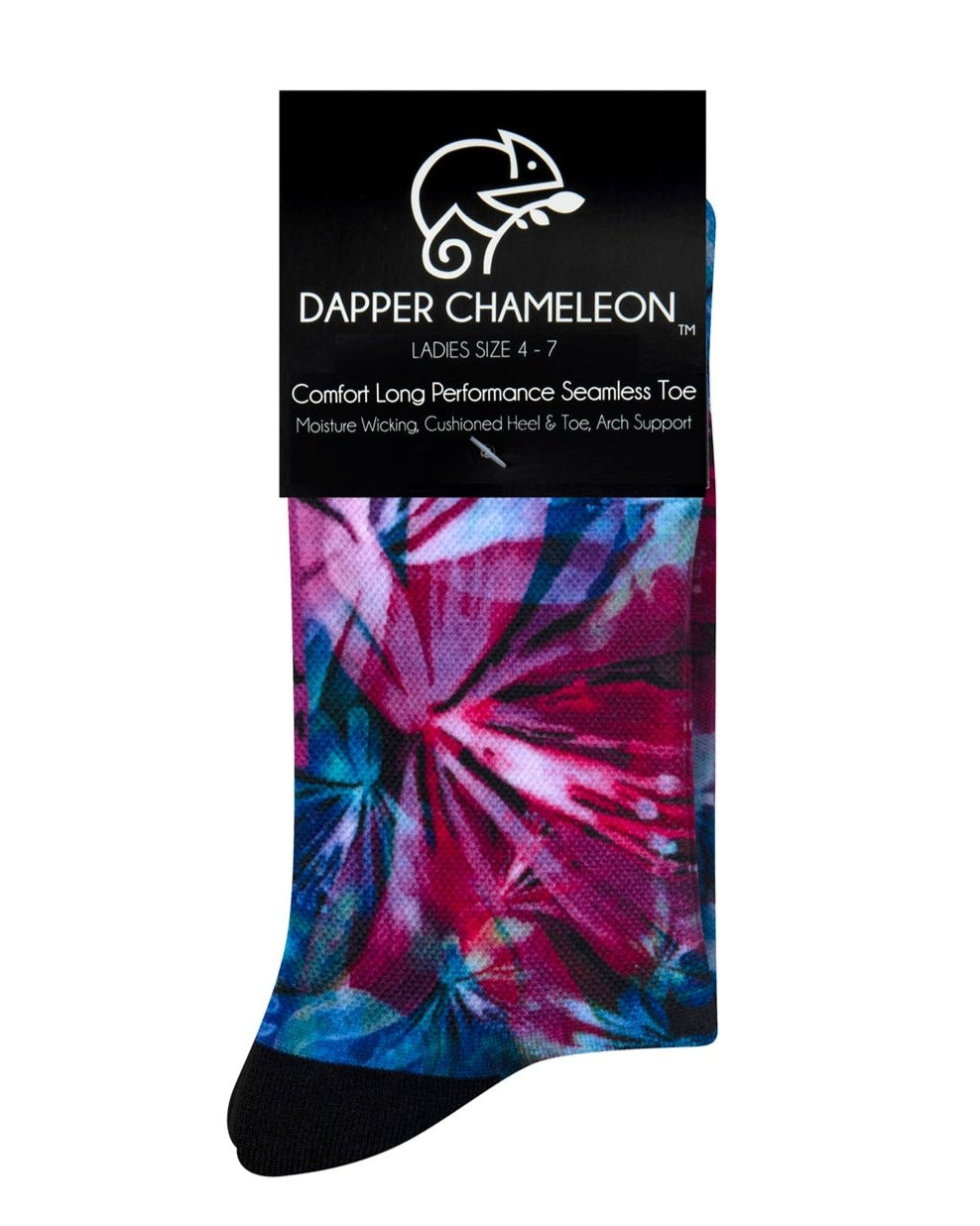 Header card packaging of a seamless toe sock with pink and blue floral design print and black heel and toe.