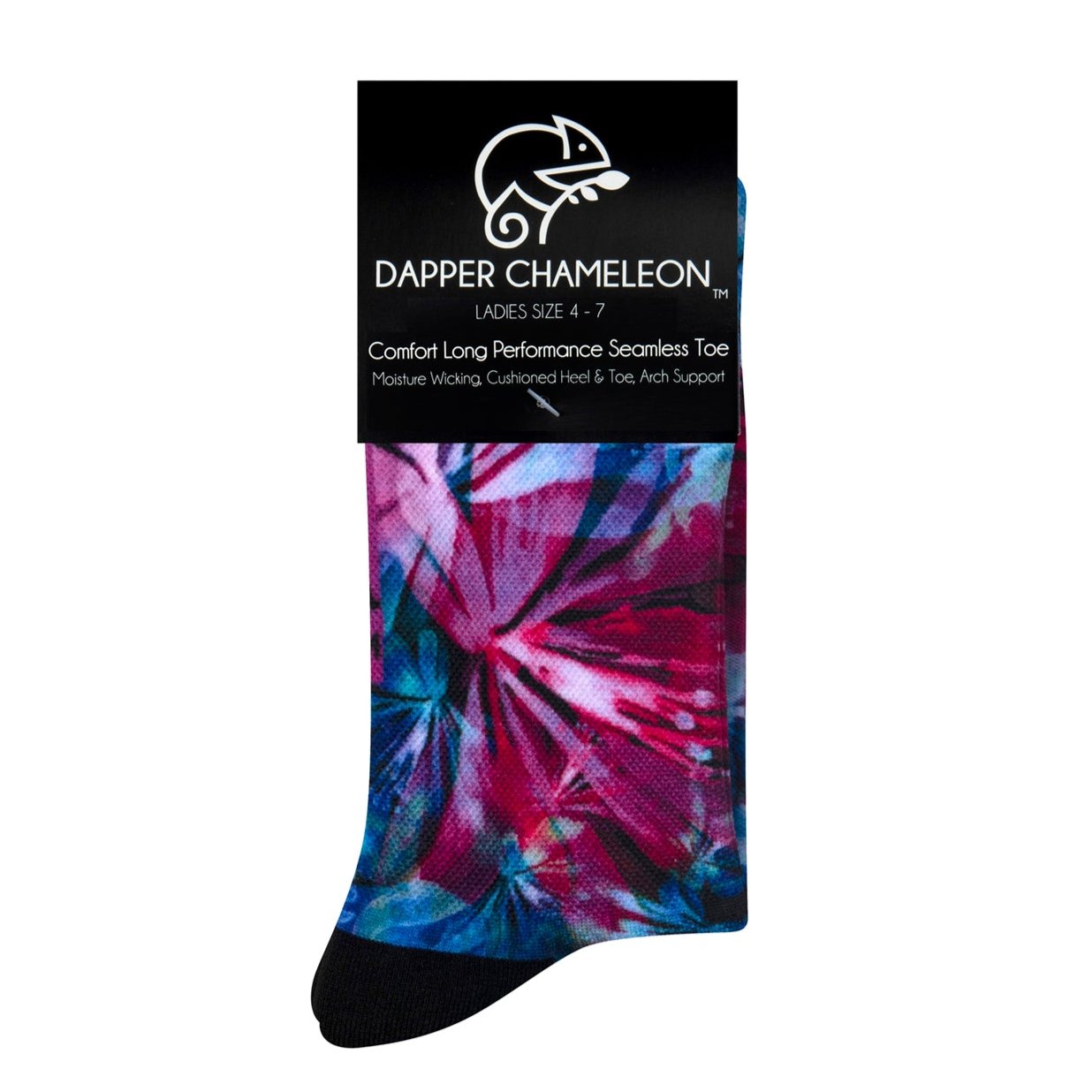 Header card packaging of a seamless toe sock with pink and blue floral design print and black heel and toe.
