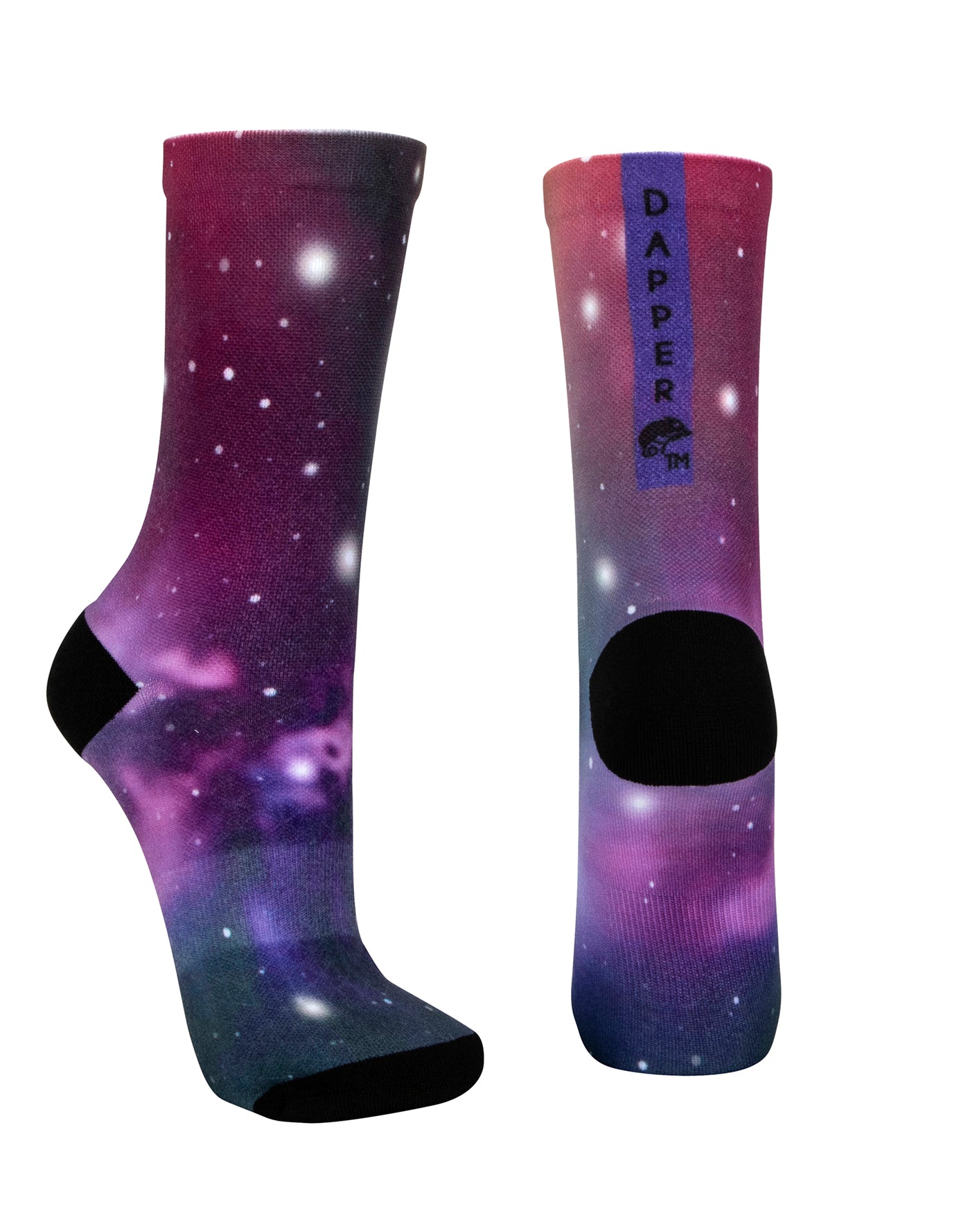 Purple seamless toe sock with galaxy print design and black heel and toe.